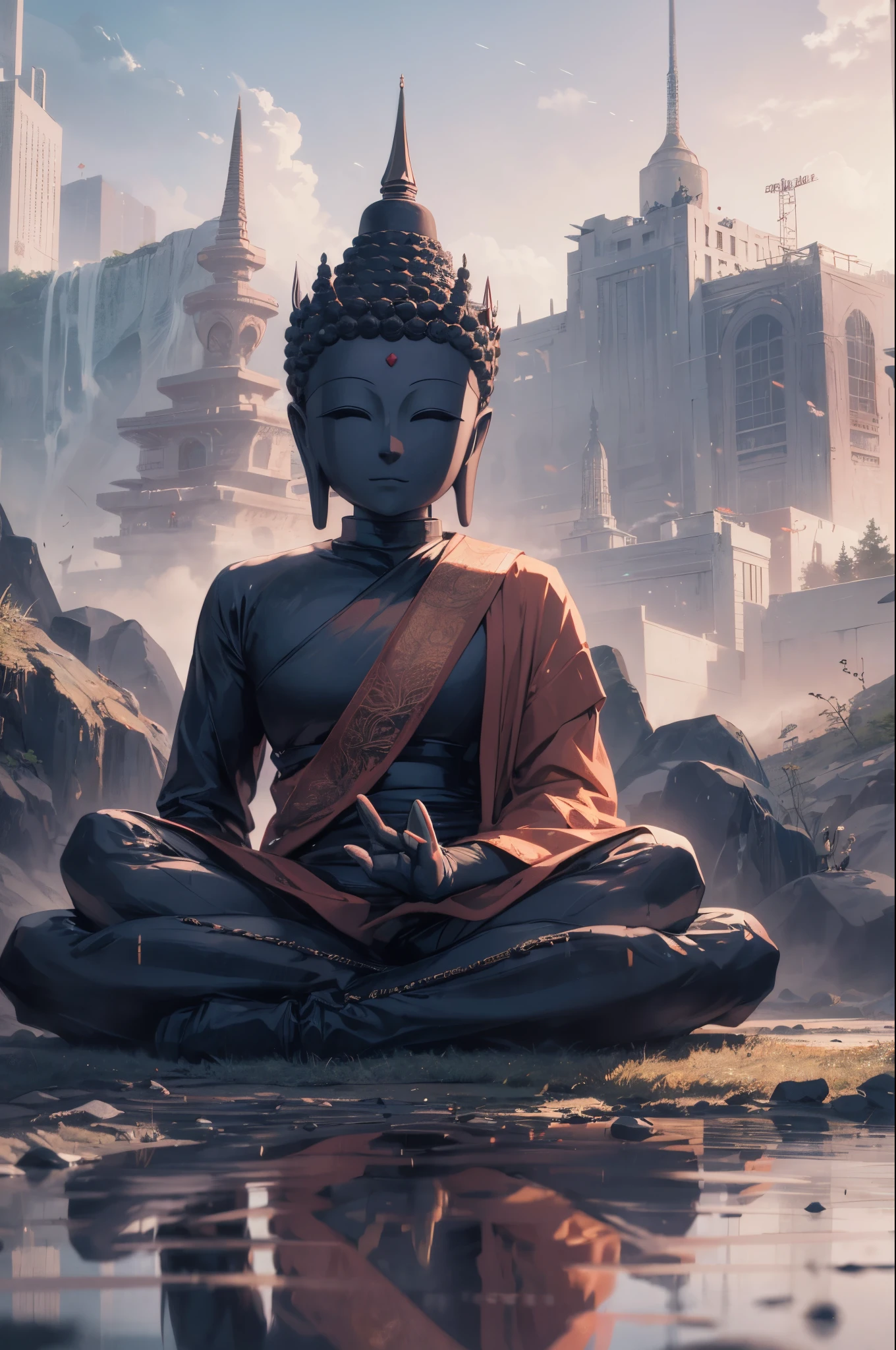 a man in front of gigantic candi buddha building on mountain, statue of buddha, reflective floor, epic, fog, dawn, dramatic lighting, dim light, forest, cliff, advntr, --auto --s2