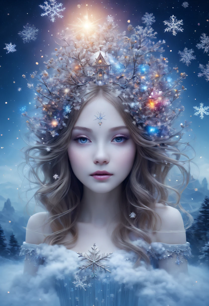 The princess&#39;s face appears in the air，(multiple exposure:),winter landscape，Surreal wonderland，Dreamy cloud and fairy island，(Big snowflakes:1.3)，Colorful big snowflakes are flying，A princess&#39;The palace is covered with snow，The tree of life blooms with endless vitality，Twinkling stars in the night sky，Overlapping clouds and fog，Whimsical fantasy landscape art, Beautiful Art Ultra HD 8K, 8K highly detailed digital art, beautiful detailed fantasy, epic dreamlike fantasy landscape, Mysterious and dreamy scenery, Magic fantasy is very detailed, magical scenery, Made up of big snowflakes and dreamy floating fairy islands, detailed fantasy digital art, 8K detailed digital art
