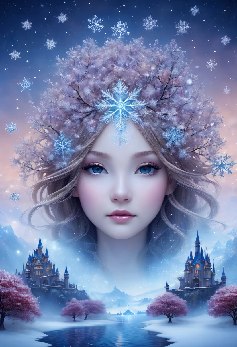 The princess's face appears in the air,winter landscape,Surreal wonderland,Dreamy cloud and fairy island,(Big snowflakes:1.3),Colorful big snowflakes are flying,A princess'The palace is covered with snow,The tree of life blooms with endless vitality,Twinkling stars in the night sky,Overlapping clouds and fog,Whimsical fantasy landscape art, Beautiful Art Ultra HD 8K, 8K highly detailed digital art, beautiful detailed fantasy, epic dreamlike fantasy landscape, Mysterious and dreamy scenery, Magic fantasy is very detailed, magical scenery, Made up of big snowflakes and dreamy floating fairy islands, detailed fantasy digital art, 8K detailed digital art