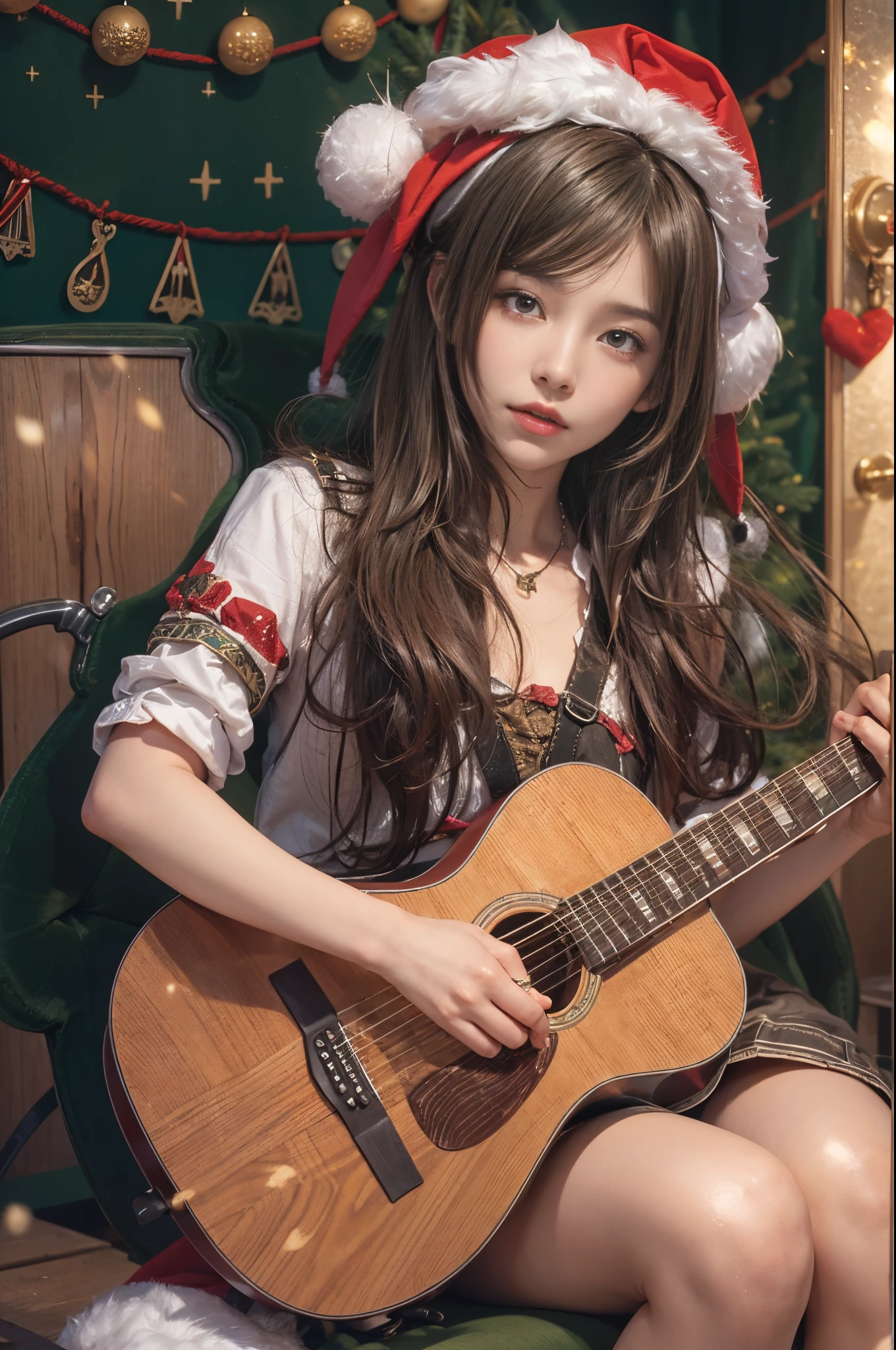 woman sitting and playing guitar、28 year old、brunette disheveled hair、precision 6 string acoustic guitar:1.2、Anatomically correct fingers、acoustic guitar、1 guitar only、Please look straight ahead and sing、(Turn your face forward:1.2)、Christmas、santa costume、a miniskirt