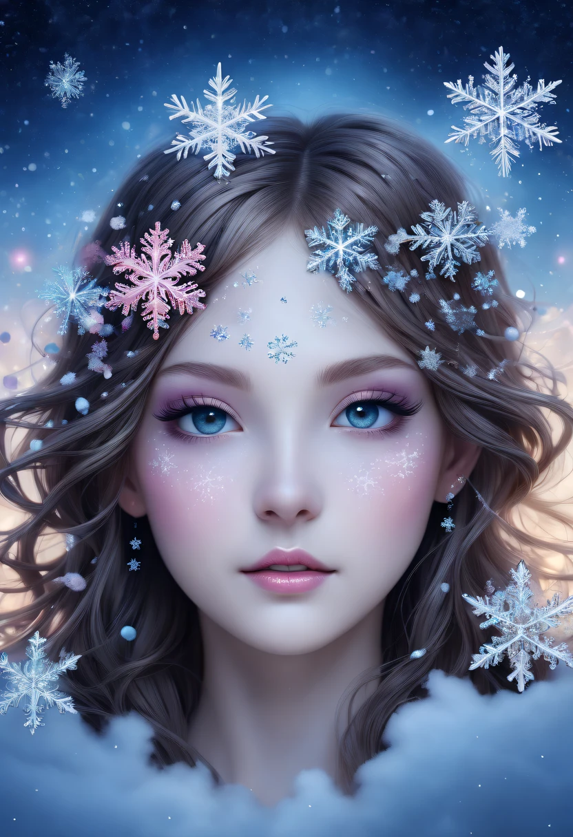 The princess's face appears in the air,winter landscape,Surreal wonderland,Dreamy cloud and fairy island,(Big snowflakes:1.3),Colorful big snowflakes are flying,A princess'The palace is covered with snow,The tree of life blooms with endless vitality,Twinkling stars in the night sky,Overlapping clouds and fog,Whimsical fantasy landscape art, Beautiful Art Ultra HD 8K, 8K highly detailed digital art, beautiful detailed fantasy, epic dreamlike fantasy landscape, Mysterious and dreamy scenery, Magic fantasy is very detailed, magical scenery, Made up of big snowflakes and dreamy floating fairy islands, detailed fantasy digital art, 8K detailed digital art