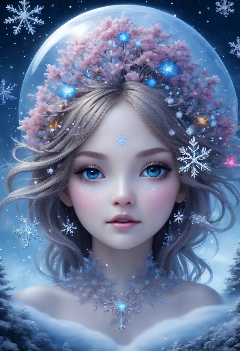 The princess's face appears in the air,winter landscape,Surreal wonderland,Dreamy cloud and fairy island,(Big snowflakes:1.3),Colorful big snowflakes are flying,A princess'The palace is covered with snow,The tree of life blooms with endless vitality,Twinkling stars in the night sky,Overlapping clouds and fog,Whimsical fantasy landscape art, Beautiful Art Ultra HD 8K, 8K highly detailed digital art, beautiful detailed fantasy, epic dreamlike fantasy landscape, Mysterious and dreamy scenery, Magic fantasy is very detailed, magical scenery, Made up of big snowflakes and dreamy floating fairy islands, detailed fantasy digital art, 8K detailed digital art