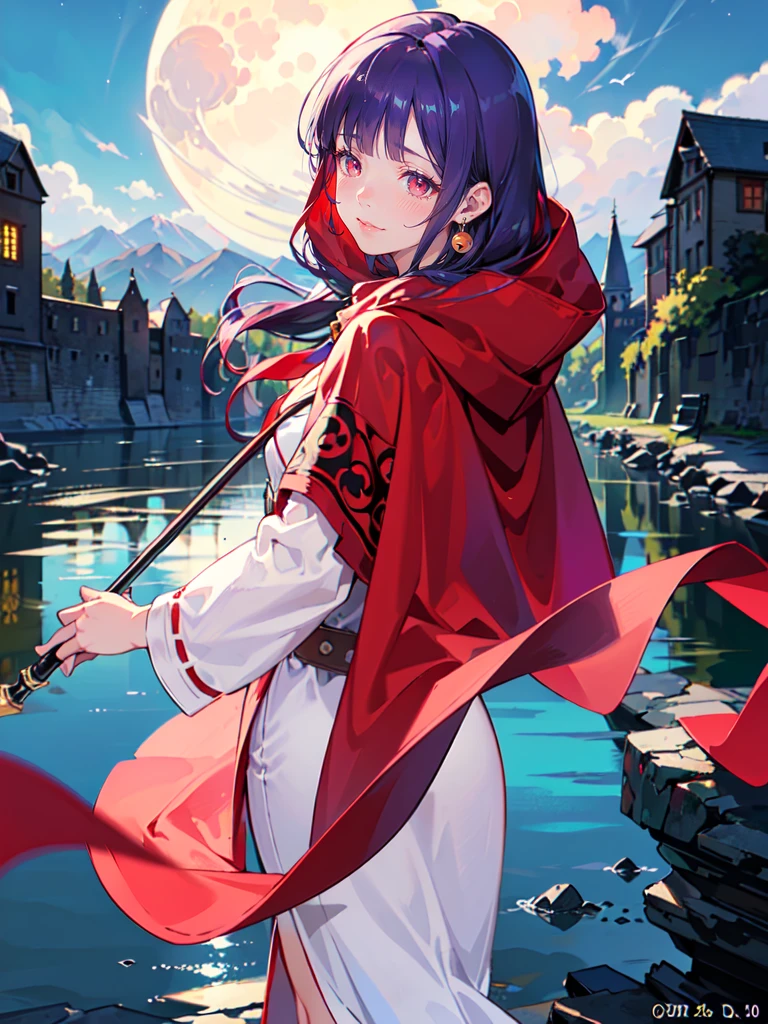 ((((DQ2 Moonberg Princess)))), ((1little girl)), ars, (((deep purple hair))), ((Blunt bangs)), (Fluffy long hair), (Deep red eyes), ((((red hood)))), (Lotto emblem on the hood), (((purple red stole))), Pearl earrings, (((White robe with red edging))), ((drooing eyes)), Holding a magic wand in his left hand,
((By the river)), Crescent, Healing Magic, Ruined castle, sadness,
photographrealistic, Sense of depth, Absurd resolution, High resolution, 8K, 4K, detail, Best Quality, (Raw photo, Best Quality, masters:1.2), (Realistic, Photorealsitic:1.37), ultra-detailliert,
Smile, Looking at the camera, full-face blush, sad, (Walking), (Looking back), Angle from back, Full body shot,