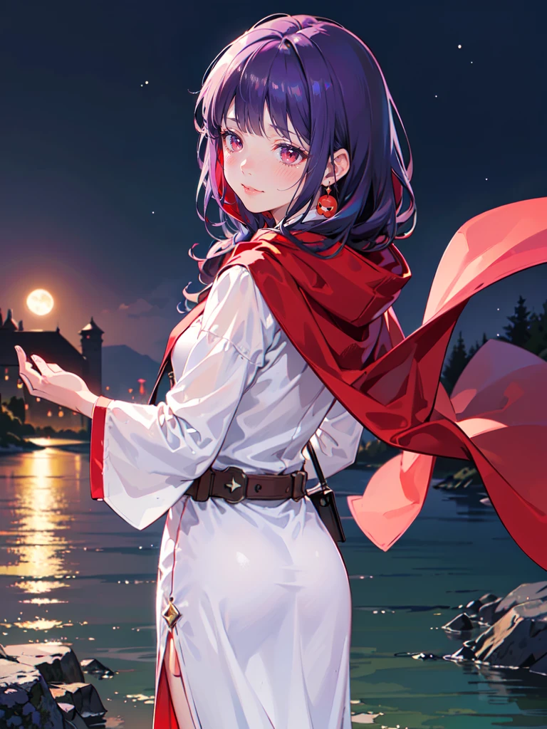((((DQ2 Moonberg Princess)))), ((1little girl)), 13years, (((deep purple hair))), ((Blunt bangs)), (Fluffy long hair), (Deep red eyes), ((((red hood)))), (Lotto emblem on the hood), (((purple red stole))), Pearl earrings, (((White robe with red edging))), ((drooing eyes)), Holding a magic wand in his left hand,
((By the river)), Crescent, Healing Magic, Ruined castle, sadness,
photographrealistic, Sense of depth, Absurd resolution, High resolution, 8K, 4K, detail, Best Quality, (Raw photo, Best Quality, masters:1.2), (Realistic, Photorealsitic:1.37), ultra-detailliert,
Smile, Looking at the camera, full-face blush, sad, (Walking), (Looking back), Angle from back, Full body shot,