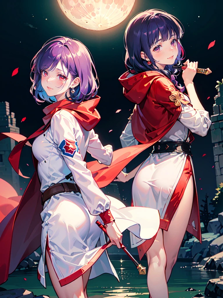 ((((DQ2 Moonberg Princess)))), ((1little girl)), ars, (((deep purple hair))), ((Blunt bangs)), (Fluffy long hair), (Deep red eyes), ((((red hood)))), (Lotto emblem on the hood), (((purple red stole))), Pearl earrings, (((White robe with red edging))), ((drooing eyes)), Holding a magic wand in his left hand,
((By the river)), Crescent, Healing Magic, Ruined castle, sadness,
photographrealistic, Sense of depth, Absurd resolution, High resolution, 8K, 4K, detail, Best Quality, (Raw photo, Best Quality, masters:1.2), (Realistic, Photorealsitic:1.37), ultra-detailliert,
Smile, Looking at the camera, full-face blush, sad, (Walking), (Looking back), Angle from back, Full body shot,