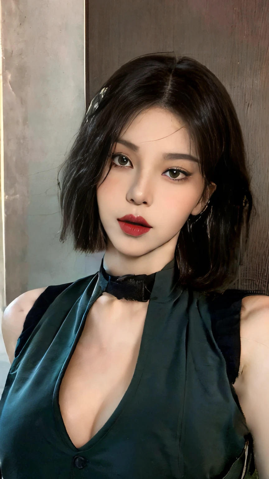 ((top-quality、8K、masterpiece:1.retty girl 25 year old with perfect body shape:1.4、Slim abs:1.2 , ( Fullbody Pose :1.3)、Sateen:1.3、Street:1.2、wetbody:1.1、Highly detailed facial and skin texture、A detailed eye、Shot from the side of the double eyelid 、charming、((Big breasts:1.5))、japanese (Flirting :1.2), (Luxury vest dark green :1.2)、begin sleeping, (show breasts :1.4)