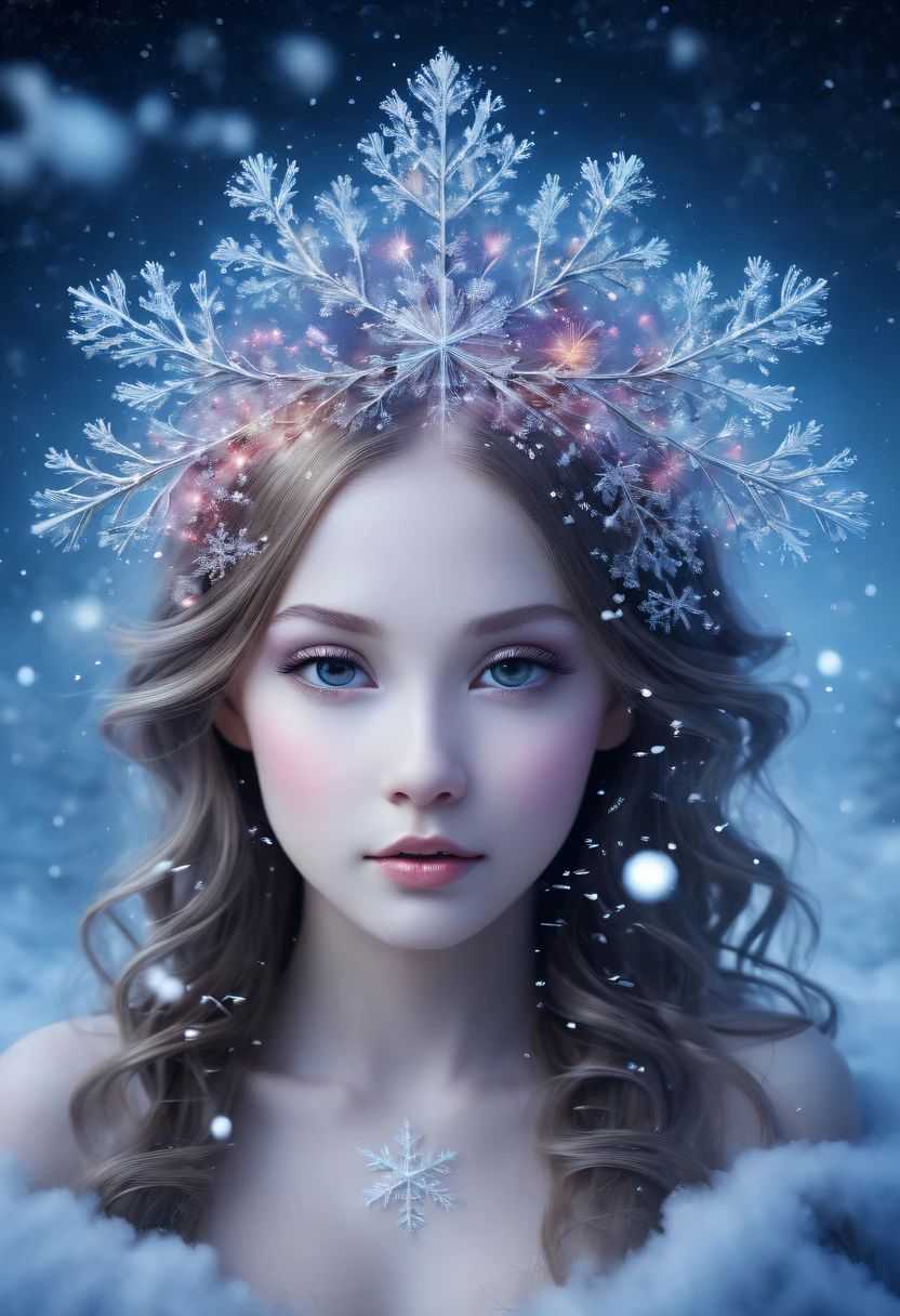 The princess&#39;s face appears in the air，(multiple exposure:),winter landscape，Surreal wonderland，Dreamy cloud and fairy island，(Big snowflakes:1.3)，Colorful big snowflakes are flying，A princess&#39;The palace is covered with snow，The tree of life blooms with endless vitality，Twinkling stars in the night sky，Overlapping clouds and fog，Whimsical fantasy landscape art, Beautiful Art Ultra HD 8K, 8K highly detailed digital art, beautiful detailed fantasy, epic dreamlike fantasy landscape, Mysterious and dreamy scenery, Magic fantasy is very detailed, magical scenery, Made up of big snowflakes and dreamy floating fairy islands, detailed fantasy digital art, 8K detailed digital art