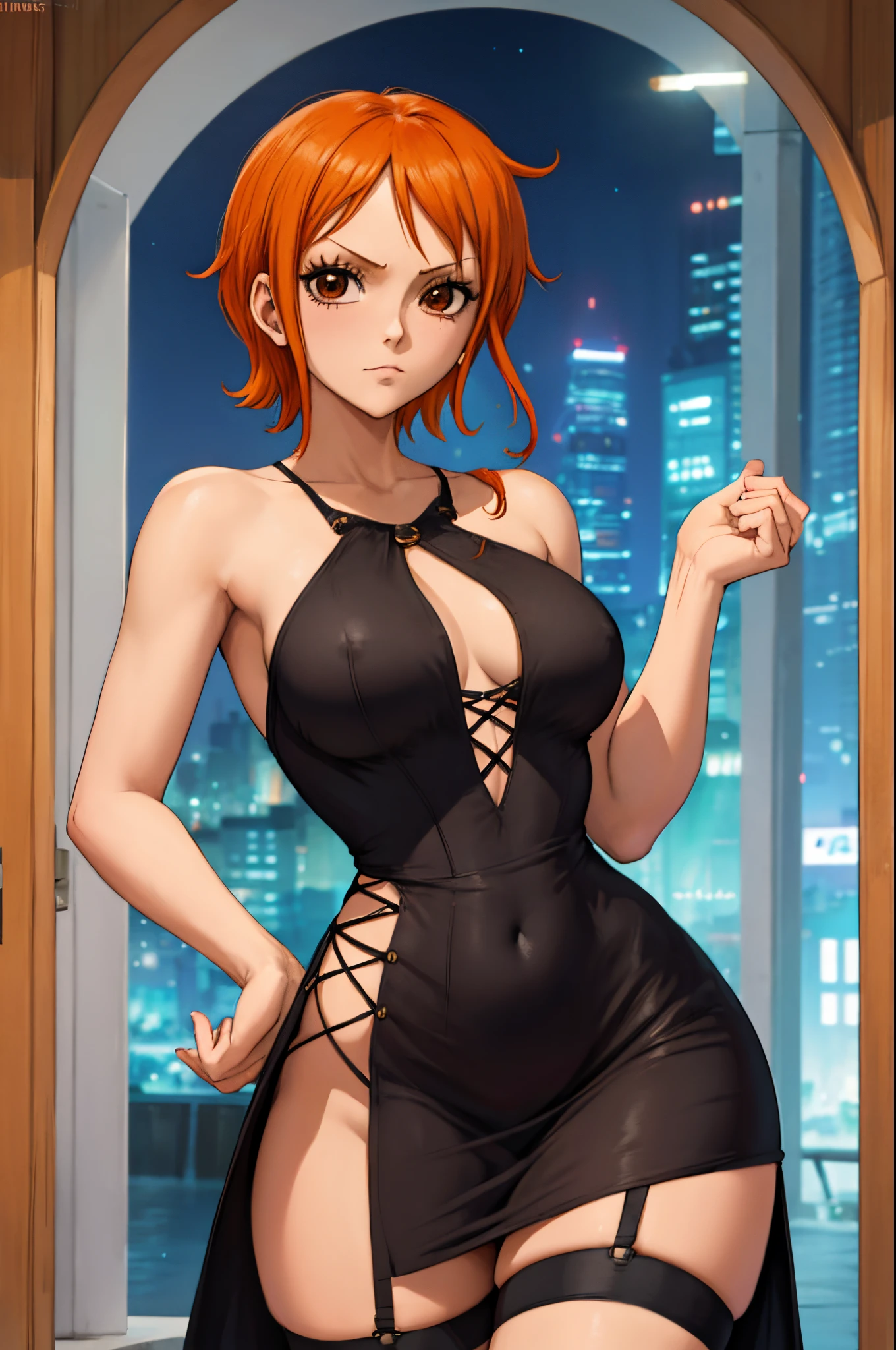 Nami from One Piece, short orange hair, sexy girl, erotic, stockings, cute girl, short night dress, night club, night, dark dress, black dress, black stockings, black and white sneaker