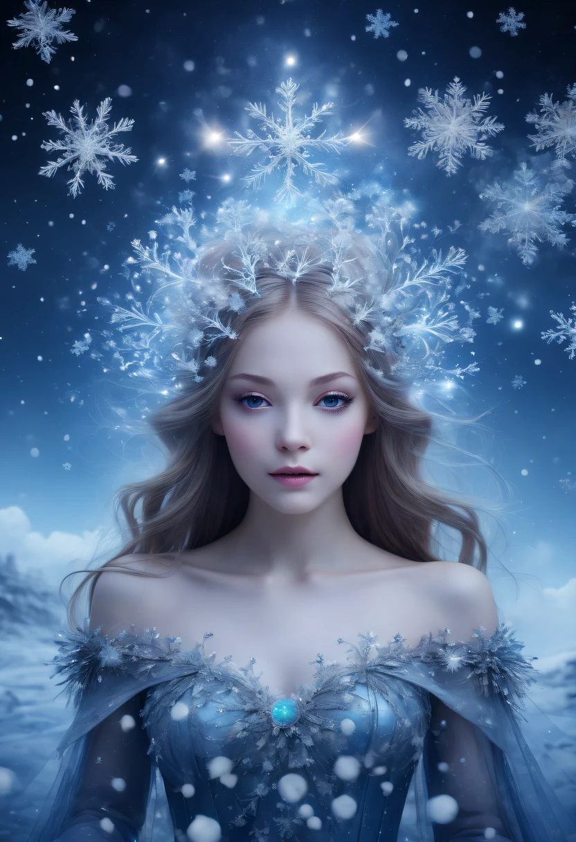 The princess&#39;s face appears in the air，(multiple exposure:),winter landscape，Surreal wonderland，Dreamy cloud and fairy island，(Big snowflakes:1.3)，Colorful big snowflakes are flying，A princess&#39;The palace is covered with snow，The tree of life blooms with endless vitality，Twinkling stars in the night sky，Overlapping clouds and fog，Whimsical fantasy landscape art, Beautiful Art Ultra HD 8K, 8K highly detailed digital art, beautiful detailed fantasy, epic dreamlike fantasy landscape, Mysterious and dreamy scenery, Magic fantasy is very detailed, magical scenery, Made up of big snowflakes and dreamy floating fairy islands, detailed fantasy digital art, 8K detailed digital art