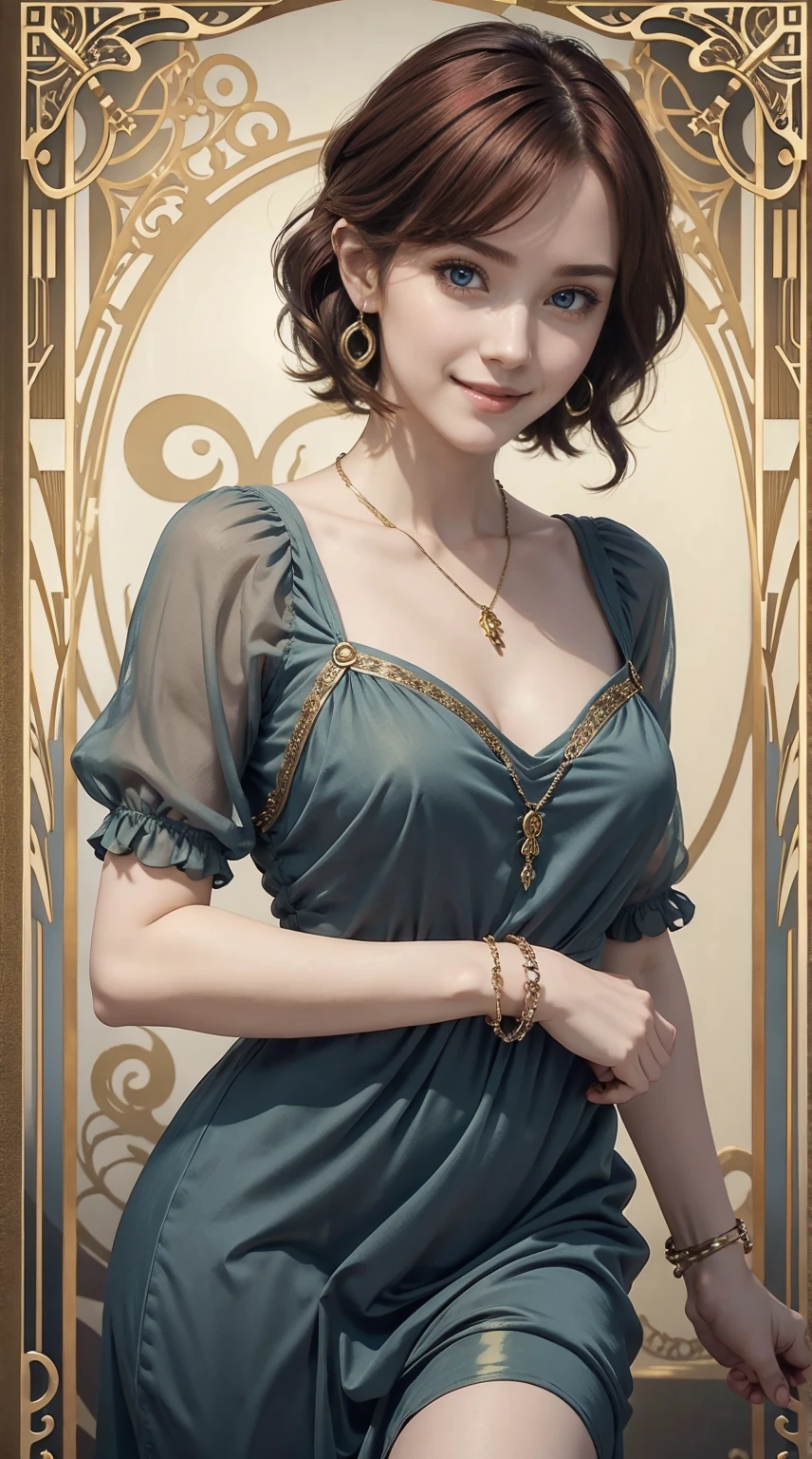 25-year-old Caucasian woman、hair color is reddish、blue eyess、Short Bob、setting hair、Wearing hair ornaments、My hair is wavy、Slender but thin macho、accessories on the wrist、wearing a chain necklace、Beautiful breasts、a smile、I need space above my head、She is wearing a transparent mini-length princess dress.、Wearing mules、a smile、art nouveau background
