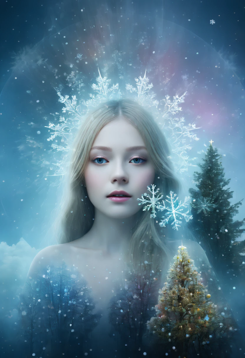 The princess&#39;s face appears in the air，(multiple exposure:1.8),winter landscape，Surreal wonderland，Dreamy cloud and fairy island，(Big snowflakes:1.3)，Colorful big snowflakes are flying，A princess&#39;The palace is covered with snow，The tree of life blooms with endless vitality，Twinkling stars in the night sky，Overlapping clouds and fog，Whimsical fantasy landscape art, Beautiful Art Ultra HD 8K, 8K highly detailed digital art, beautiful detailed fantasy, epic dreamlike fantasy landscape, Mysterious and dreamy scenery, Magic fantasy is very detailed, magical scenery, Made up of big snowflakes and dreamy floating fairy islands, detailed fantasy digital art, 8K detailed digital art