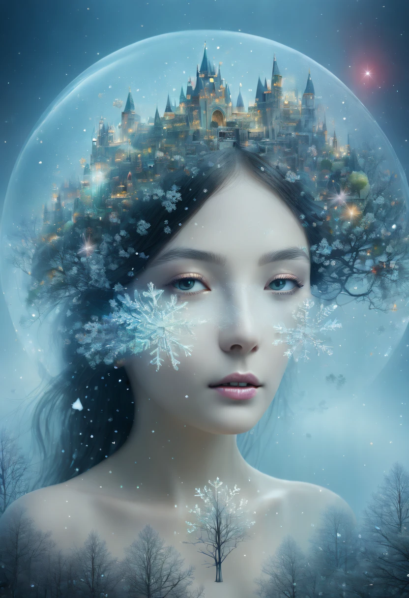 The princess's face appears in the air,(multiple exposure:1.8),winter landscape,Surreal wonderland,Dreamy cloud and fairy island,(Big snowflakes:1.3),Colorful big snowflakes are flying,A princess'The palace is covered with snow,The tree of life blooms with endless vitality,Twinkling stars in the night sky,Overlapping clouds and fog,Whimsical fantasy landscape art, Beautiful Art Ultra HD 8K, 8K highly detailed digital art, beautiful detailed fantasy, epic dreamlike fantasy landscape, Mysterious and dreamy scenery, Magic fantasy is very detailed, magical scenery, Made up of big snowflakes and dreamy floating fairy islands, detailed fantasy digital art, 8K detailed digital art