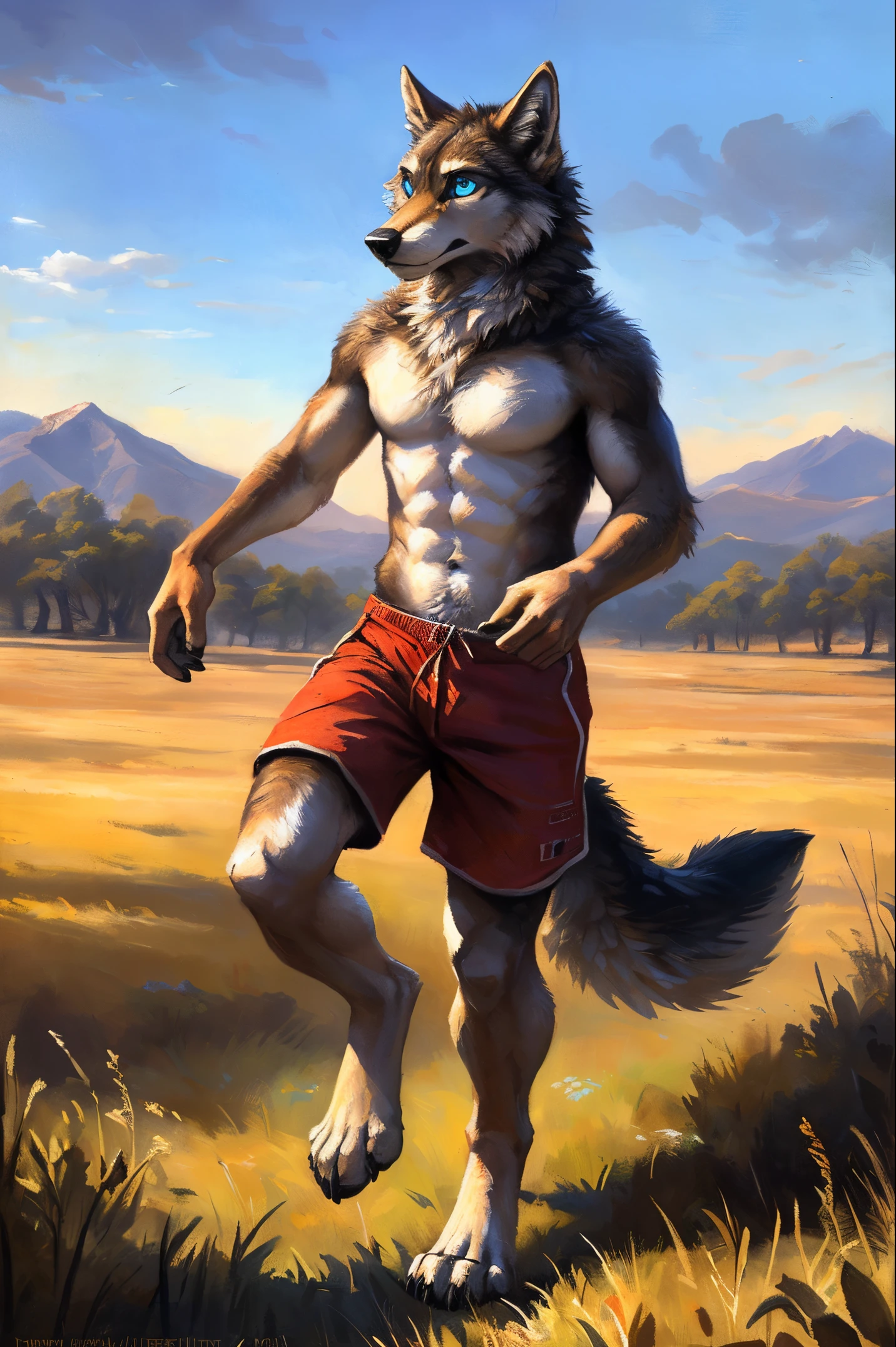((Solo)), male people, anthro wolf, (Multi-colored fur, White-brown:1.3,White tail pointed), (Height 2.1m,Tail length 1.2m), ((Wolf face, Big eyes, White eyelids, Blue pupil, Slim:1.2) (Tough, Calm expression:1.2)), Abs, Slim, pinging)), (Correct anatomy), (Work shorts:1.1), The upper body naked, (detailed outfits),A long big tail,Feet,(Realistic fur, Detailed fur texture, labeled:1.3)), (Natural lighting), Photorealistic, Hyperrealistic, ultradetailed, by Kenket,Endless grasslands,There are no trees,There are no big stones,No artificiality,erect through,Running on