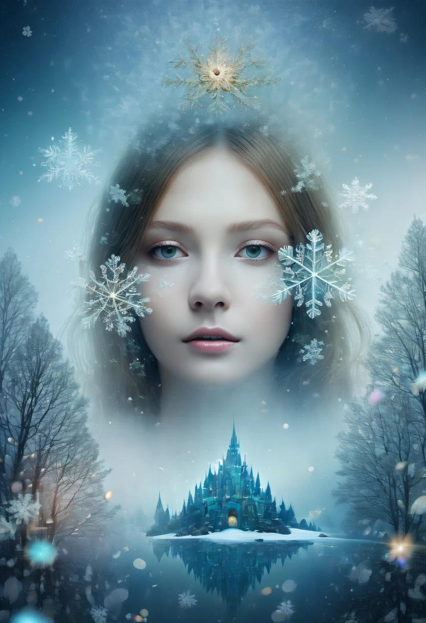 The princess&#39;s face appears in the air，(multiple exposure:1.5),winter landscape，Surreal wonderland，Dreamy cloud and fairy island，Big snowflakes，Colorful big snowflakes are flying，A princess&#39;The palace is covered with snow，The tree of life blooms with endless vitality，Twinkling stars in the night sky，Overlapping clouds and fog，Whimsical fantasy landscape art, Beautiful Art Ultra HD 8K, 8K highly detailed digital art, beautiful detailed fantasy, epic dreamlike fantasy landscape, Mysterious and dreamy scenery, Magic fantasy is very detailed, magical scenery, composed...consist of ,  and Snow Fantasy Floating Fairy Island, detailed fantasy digital art, 8K detailed digital art