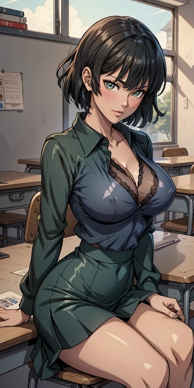 Anime style, Painting, absurderes、perfect anatomia、Fubuki , bra very、Bra visible from clothes、Braline、breastsout, Classroom、cleavage of the breast、鎖骨、desk、From above、medium breasts, on desk, pleatedskirt, School Desk, student clothes, see -through, The shirt, sitting on, Sitting on a desk, skirt by the, 独奏, thighs thighs thighs thighs, red blush, ssmile