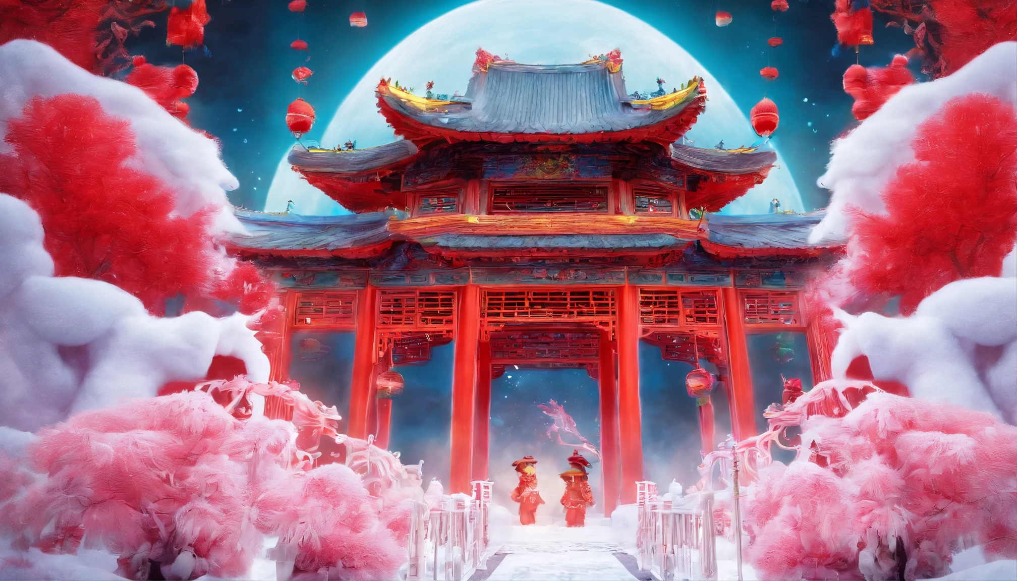 Ultra-wide angle of view，mid-air，china idol，scenography， Fantasy scene of snow world，Yuki，（（Oyuki）），（（（Blizzarding））），（（snow cover）），Colorful，Red Muti Wonderland，thin fog，The clouds are very elegant，floating islands，super-fine，tmasterpiece，8k，ultra-clear，Perfect image quality，high qulity