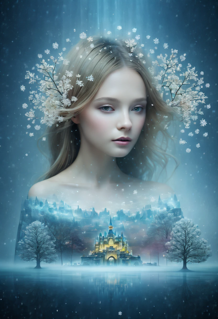 The princess&#39;s face appears in the air，(multiple exposure:1.8),winter landscape，Surreal wonderland，Dreamy cloud and fairy island，(Big snowflakes:1.3)，Colorful big snowflakes are flying，A princess&#39;The palace is covered with snow，The tree of life blooms with endless vitality，Twinkling stars in the night sky，Overlapping clouds and fog，Whimsical fantasy landscape art, Beautiful Art Ultra HD 8K, 8K highly detailed digital art, beautiful detailed fantasy, epic dreamlike fantasy landscape, Mysterious and dreamy scenery, Magic fantasy is very detailed, magical scenery, Made up of big snowflakes and dreamy floating fairy islands, detailed fantasy digital art, 8K detailed digital art