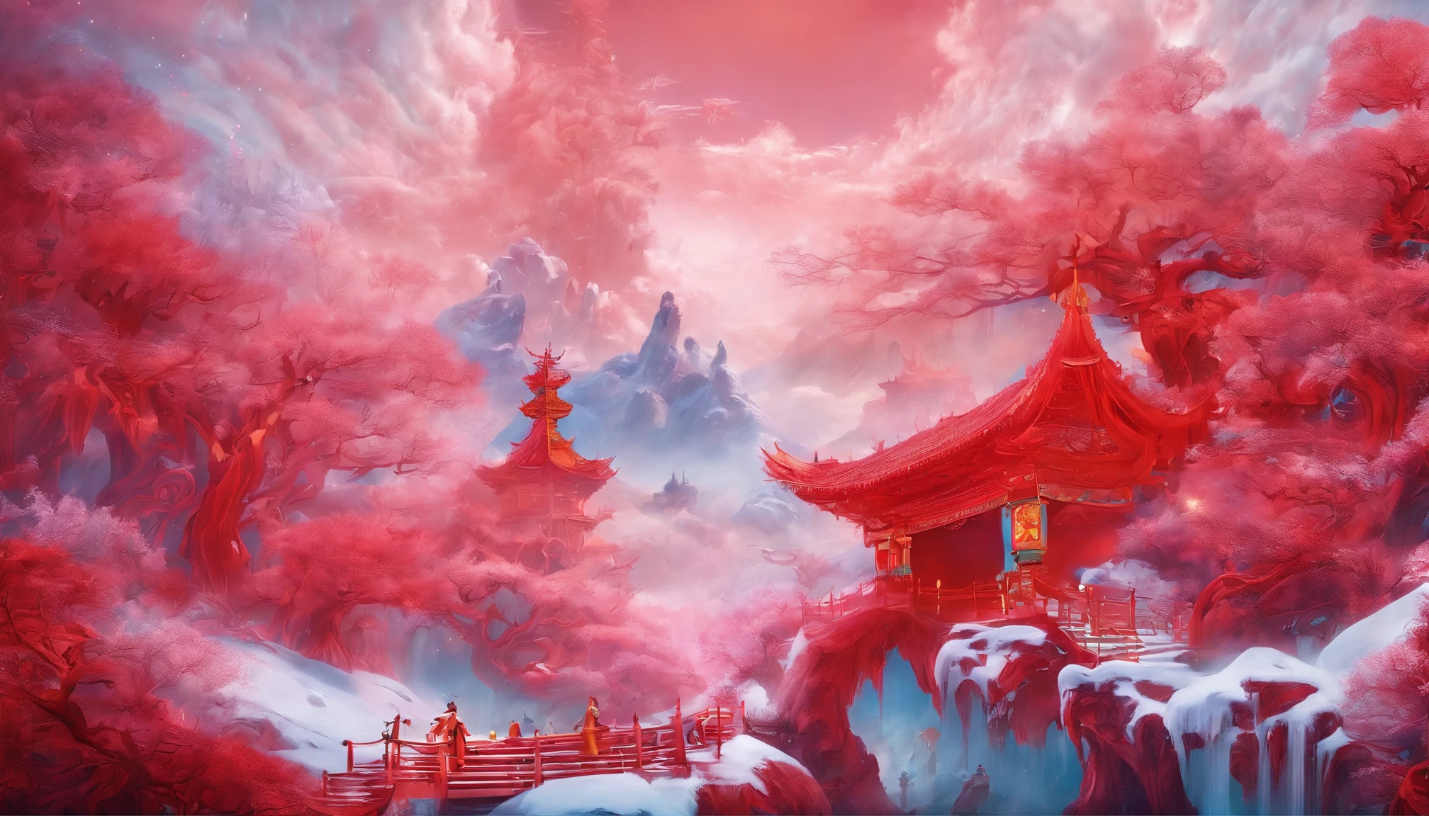 Ultra-wide angle of view，mid-air，china idol，scenography， Fantasy scene of snow world，Yuki，（（Oyuki）），（（（Blizzarding））），（（snow cover）），Colorful，Red Muti Wonderland，thin fog，The clouds are very elegant，floating islands，super-fine，tmasterpiece，8k，ultra-clear，Perfect image quality，high qulity
