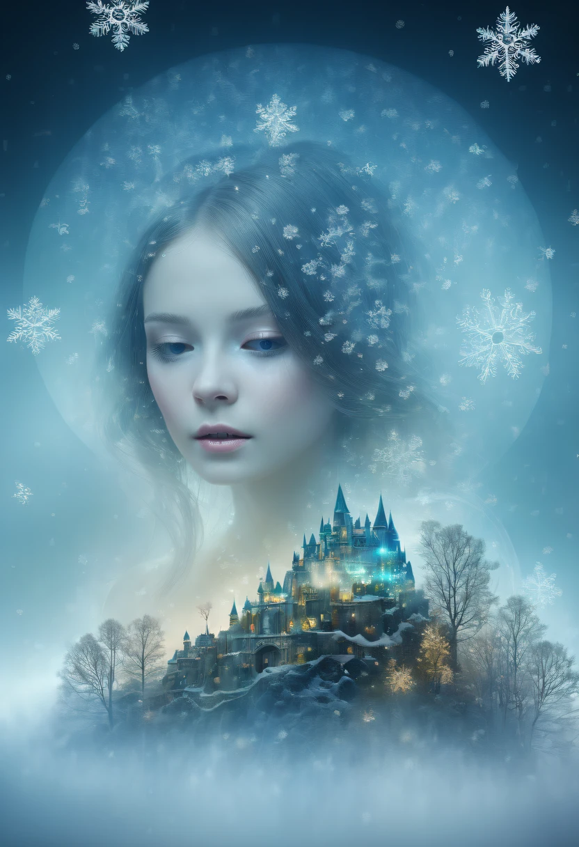 The princess's face appears in the air,(multiple exposure:1.8),winter landscape,Surreal wonderland,Dreamy cloud and fairy island,(Big snowflakes:1.3),Colorful big snowflakes are flying,A princess'The palace is covered with snow,The tree of life blooms with endless vitality,Twinkling stars in the night sky,Overlapping clouds and fog,Whimsical fantasy landscape art, Beautiful Art Ultra HD 8K, 8K highly detailed digital art, beautiful detailed fantasy, epic dreamlike fantasy landscape, Mysterious and dreamy scenery, Magic fantasy is very detailed, magical scenery, Made up of big snowflakes and dreamy floating fairy islands, detailed fantasy digital art, 8K detailed digital art