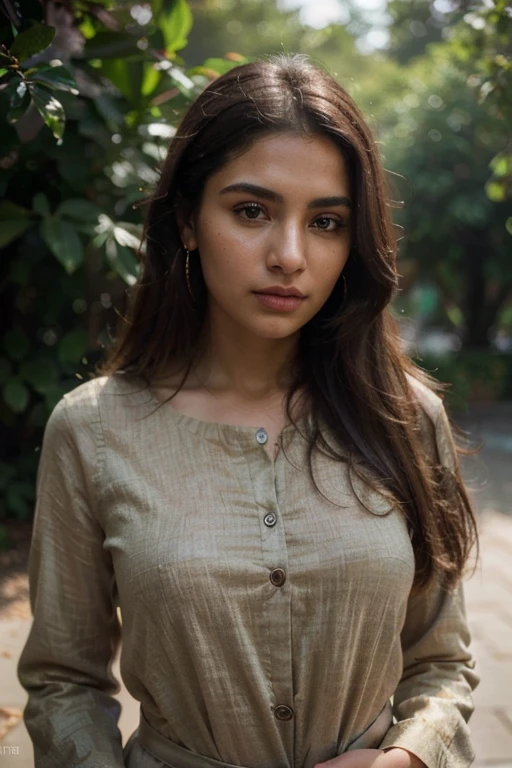 (Best quality, Ultra-detailed, Golden Ratio, Masterpiece:1.2), Studio lighting:0.7, Photorealistic portrait of a beautiful pakistani woman posing at a scenic location, turning her head to the side to showcase a striking earring to the camera. The woman should have a flawless, highly detailed face (Highly Detailed Skin) with soft, luminous skin. Her long hair should be naturally brown and stylishly arranged. The focus of the image  on her face (Sharp Focus on the Face, Perfect Eyes:1.2). The scene should be rendered in muted, warm colors, with the woman standing under a spotlight casting a soft, natural light on her. The photography should feature high-quality film grain (ISO 400, 30mm lens RAW f1.8 aperture, highly detailed) to create the impression of analog photography (Analog Photography:1) with HDR colors,  the scene both realistic and stylish. The image should be a full body shot, from head to toe. The woman should be wearing a modest clothes that fully cover her skin