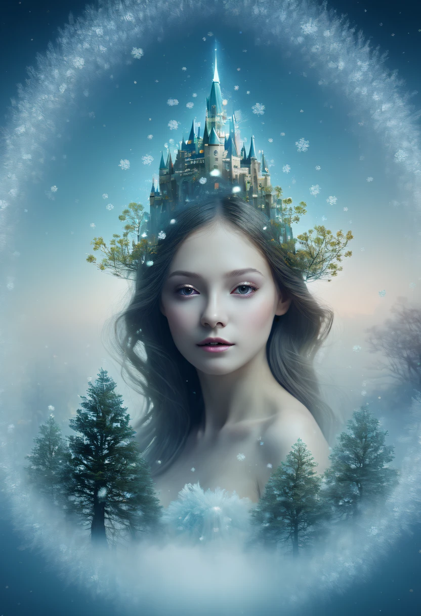 The princess&#39;s face appears in the air，(multiple exposure:1.8),winter landscape，Surreal wonderland，Dreamy cloud and fairy island，(Big snowflakes:1.3)，Colorful big snowflakes are flying，A princess&#39;The palace is covered with snow，The tree of life blooms with endless vitality，Twinkling stars in the night sky，Overlapping clouds and fog，Whimsical fantasy landscape art, Beautiful Art Ultra HD 8K, 8K highly detailed digital art, beautiful detailed fantasy, epic dreamlike fantasy landscape, Mysterious and dreamy scenery, Magic fantasy is very detailed, magical scenery, Made up of big snowflakes and dreamy floating fairy islands, detailed fantasy digital art, 8K detailed digital art