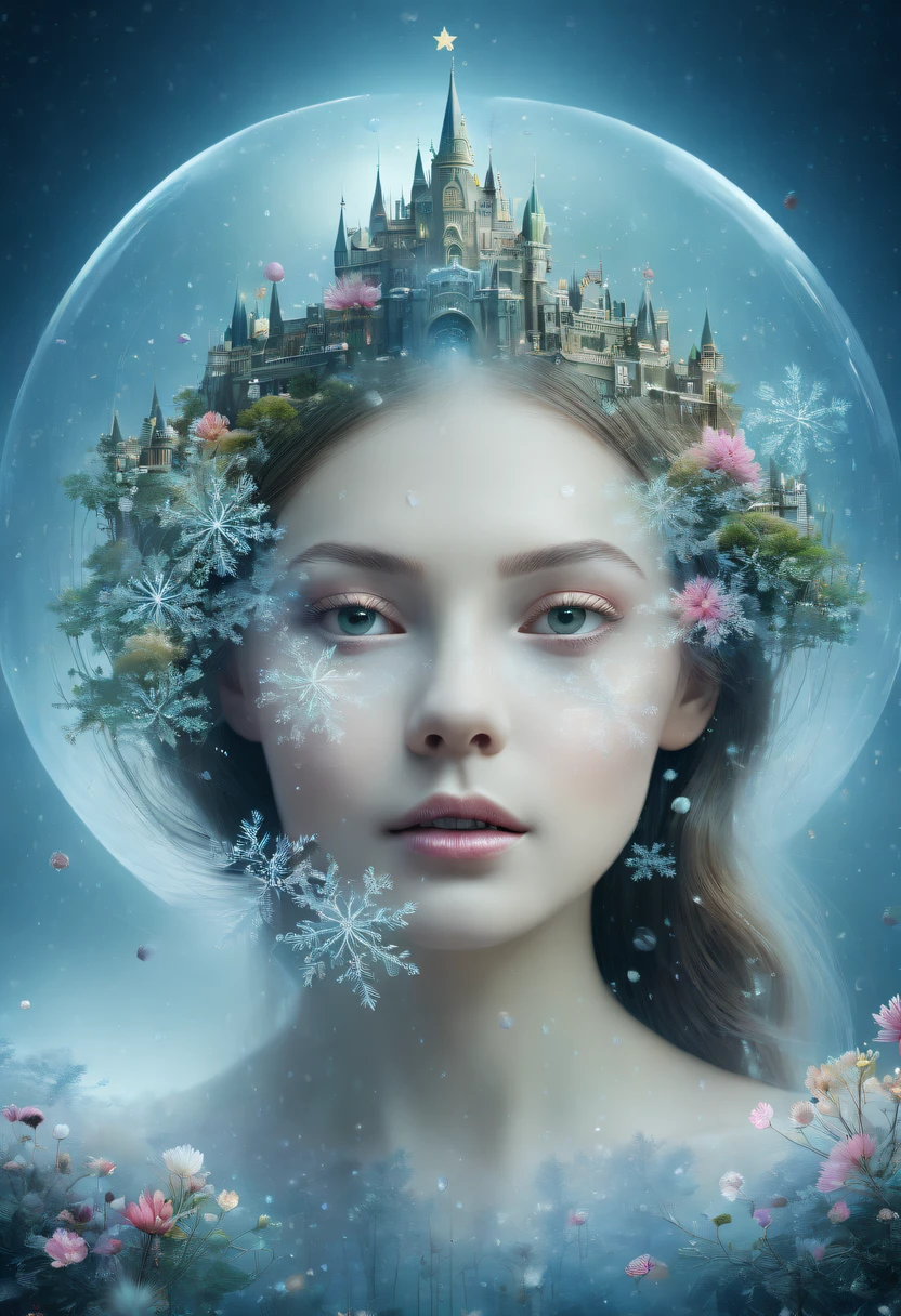 The princess's face appears in the air,(multiple exposure:1.8),winter landscape,Surreal wonderland,Dreamy cloud and fairy island,(Big snowflakes:1.3),Colorful big snowflakes are flying,A princess'The palace is covered with snow,The tree of life blooms with endless vitality,Twinkling stars in the night sky,Overlapping clouds and fog,Whimsical fantasy landscape art, Beautiful Art Ultra HD 8K, 8K highly detailed digital art, beautiful detailed fantasy, epic dreamlike fantasy landscape, Mysterious and dreamy scenery, Magic fantasy is very detailed, magical scenery, Made up of big snowflakes and dreamy floating fairy islands, detailed fantasy digital art, 8K detailed digital art