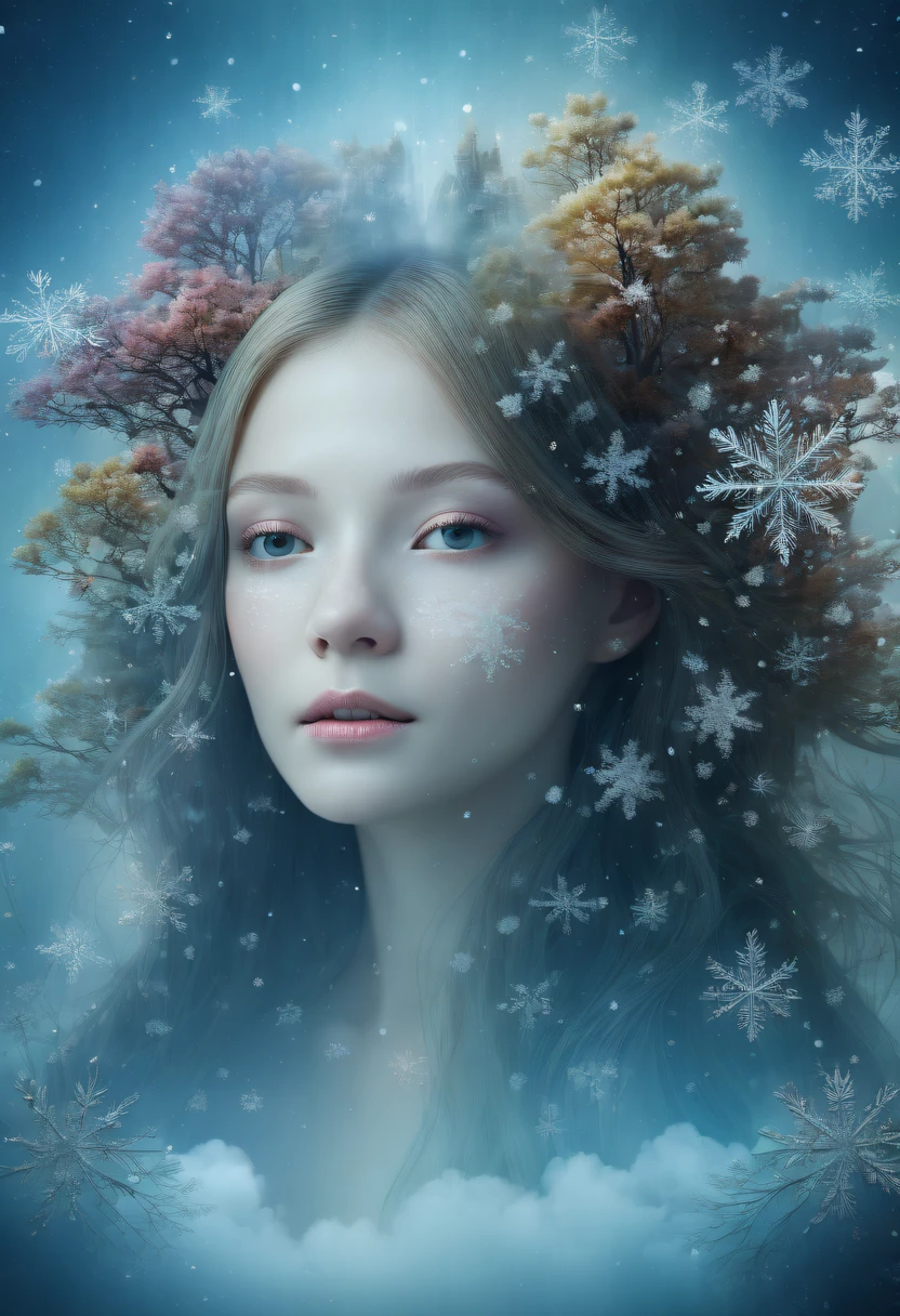 The princess's face appears in the air,(multiple exposure:1.8),winter landscape,Surreal wonderland,Dreamy cloud and fairy island,(Big snowflakes:1.3),Colorful big snowflakes are flying,A princess'The palace is covered with snow,The tree of life blooms with endless vitality,Twinkling stars in the night sky,Overlapping clouds and fog,Whimsical fantasy landscape art, Beautiful Art Ultra HD 8K, 8K highly detailed digital art, beautiful detailed fantasy, epic dreamlike fantasy landscape, Mysterious and dreamy scenery, Magic fantasy is very detailed, magical scenery, Made up of big snowflakes and dreamy floating fairy islands, detailed fantasy digital art, 8K detailed digital art