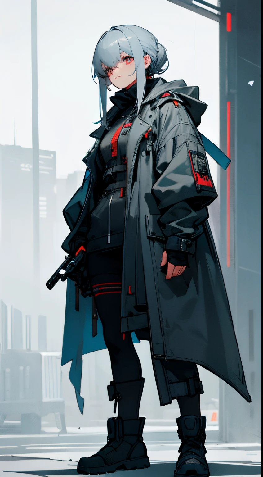 Gray hair,Royal sister,Cyberpunk style grey hooded coat,Leather boots,Long knife in hand,Bandage underwear,Chunky sneakerechanical face lines,Dark blue throughout,cold shades