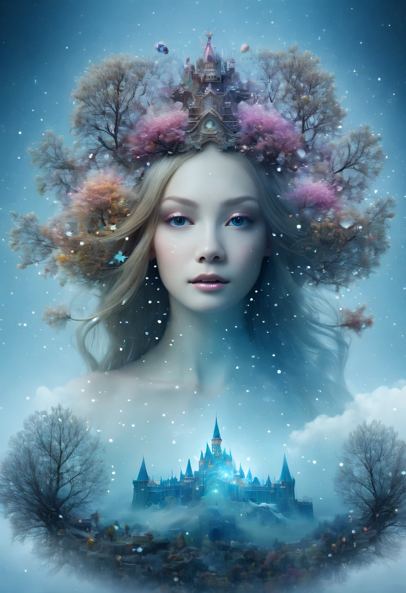 The princess&#39;s face appears in the air，(multiple exposure:1.8),winter landscape，Surreal wonderland，Dreamy cloud and fairy island，(Big snowflakes:1.3)，Colorful big snowflakes are flying，A princess&#39;The palace is covered with snow，The tree of life blooms with endless vitality，Twinkling stars in the night sky，Overlapping clouds and fog，Whimsical fantasy landscape art, Beautiful Art Ultra HD 8K, 8K highly detailed digital art, beautiful detailed fantasy, epic dreamlike fantasy landscape, Mysterious and dreamy scenery, Magic fantasy is very detailed, magical scenery, Made up of big snowflakes and dreamy floating fairy islands, detailed fantasy digital art, 8K detailed digital art