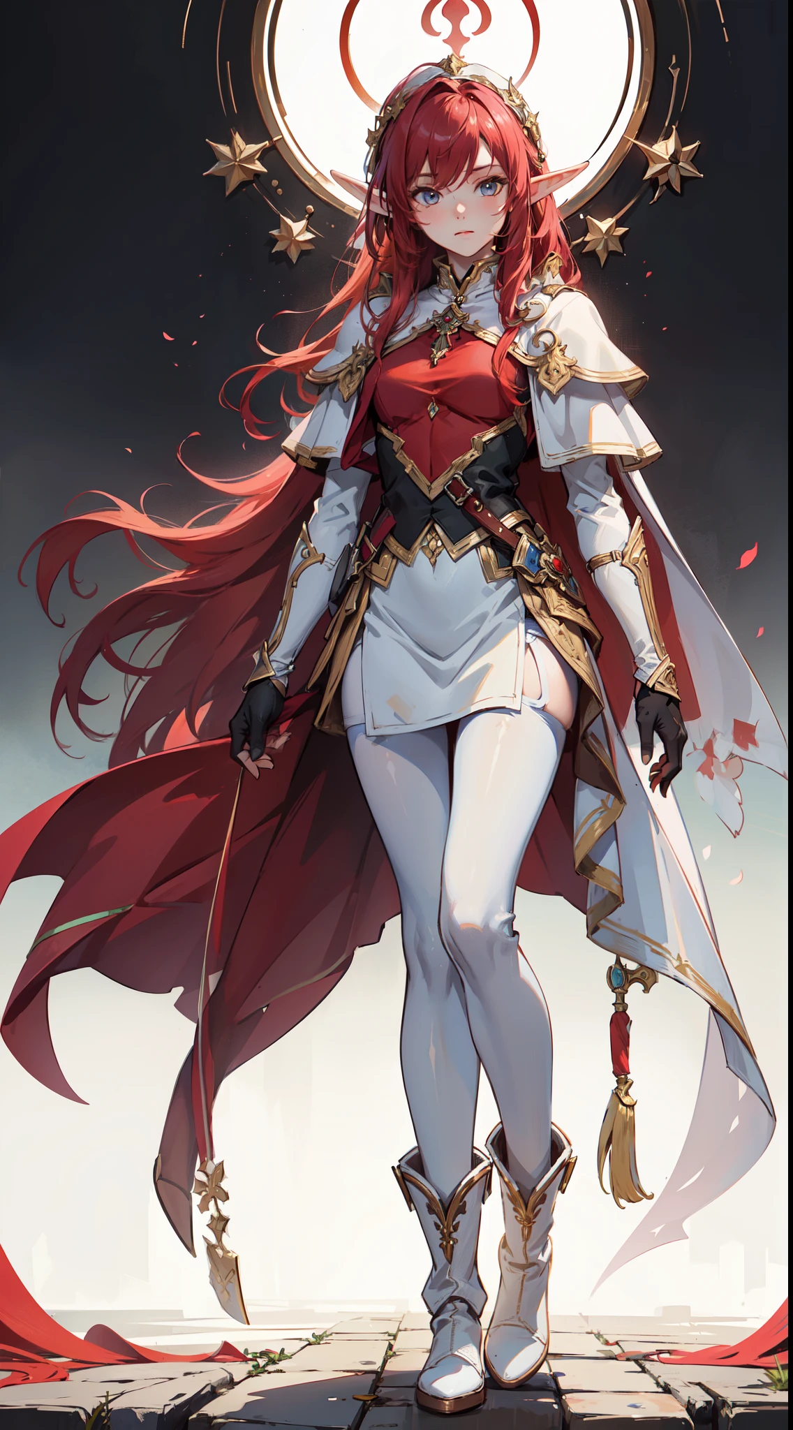 (((masterpiece, best quality))),  (elf), (1girl), solo,   red tinted hair，White armor，long black glovelack pantyhoses，Handsome standing with white boots,