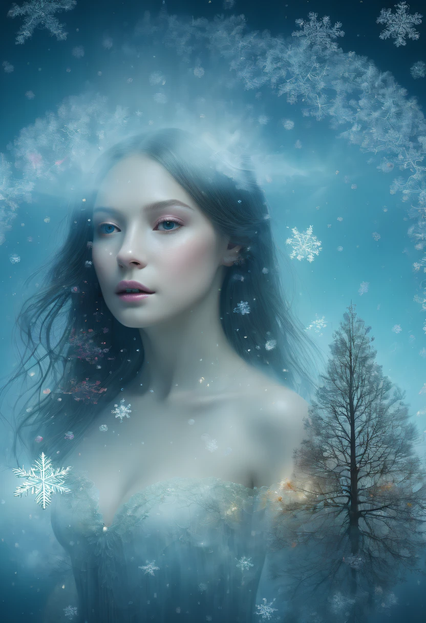 The princess's face appears in the air,(multiple exposure:1.8),winter landscape,Surreal wonderland,Dreamy cloud and fairy island,(Big snowflakes:1.3),Colorful big snowflakes are flying,A princess'The palace is covered with snow,The tree of life blooms with endless vitality,Twinkling stars in the night sky,Overlapping clouds and fog,Whimsical fantasy landscape art, Beautiful Art Ultra HD 8K, 8K highly detailed digital art, beautiful detailed fantasy, epic dreamlike fantasy landscape, Mysterious and dreamy scenery, Magic fantasy is very detailed, magical scenery, Made up of big snowflakes and dreamy floating fairy islands, detailed fantasy digital art, 8K detailed digital art