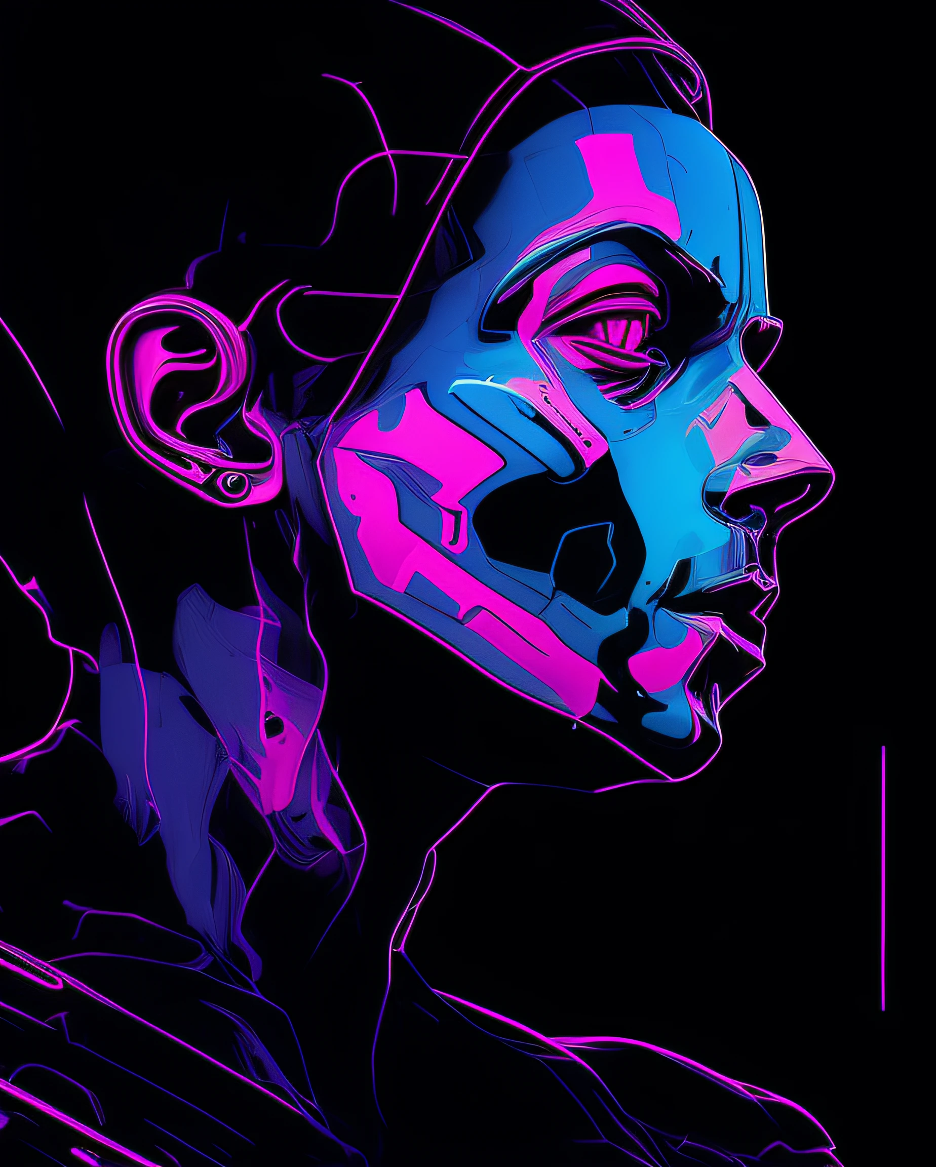 um close de uma pessoa com rosto neon e fundo preto, inspirado em Tytus Czyżewski, arte digital neon, Arte digital hiper colorida, Directed by: Tytus Czyżewski, arte digital synthwave, estilo de arte synthwave, estilo vaporwave, estilo de arte synthwave ]!!, Retrato estilizado H 640