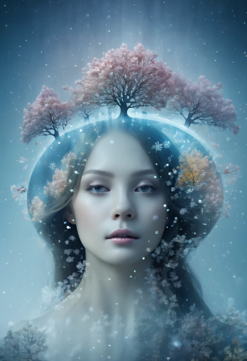 The princess's face appears in the air,(multiple exposure:1.8),winter landscape,Surreal wonderland,Dreamy cloud and fairy island,(Big snowflakes:1.3),Colorful big snowflakes are flying,A princess'The palace is covered with snow,The tree of life blooms with endless vitality,Twinkling stars in the night sky,Overlapping clouds and fog,Whimsical fantasy landscape art, Beautiful Art Ultra HD 8K, 8K highly detailed digital art, beautiful detailed fantasy, epic dreamlike fantasy landscape, Mysterious and dreamy scenery, Magic fantasy is very detailed, magical scenery, Made up of big snowflakes and dreamy floating fairy islands, detailed fantasy digital art, 8K detailed digital art