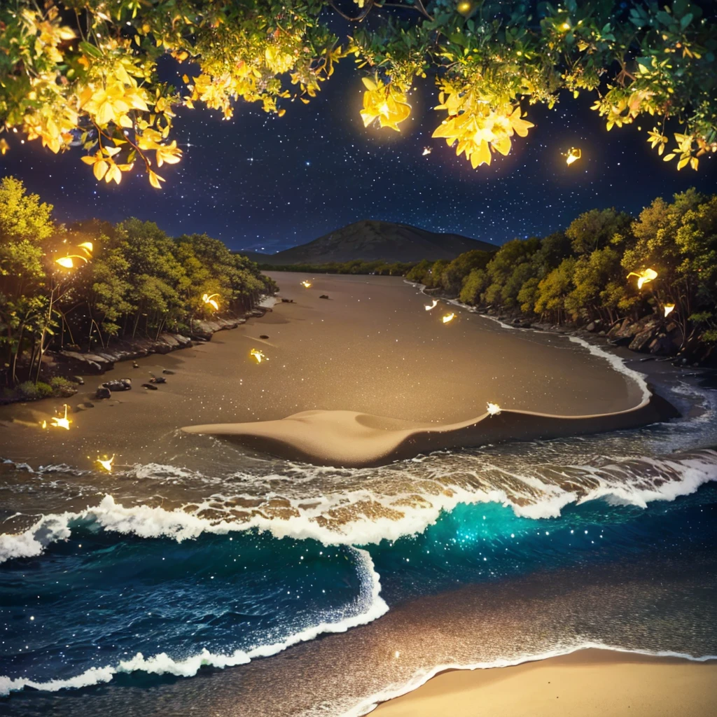 Summer forest,Starry night,Fireflies float on the silent seaside,There are some waves on the sea surface,Birds soar in the sky,quadratic element,Bonfire on the beach,Bottles floating on the beach,Efeito de Luz,Best Picture Quality,tmasterpiece,Light and shadow rendering
