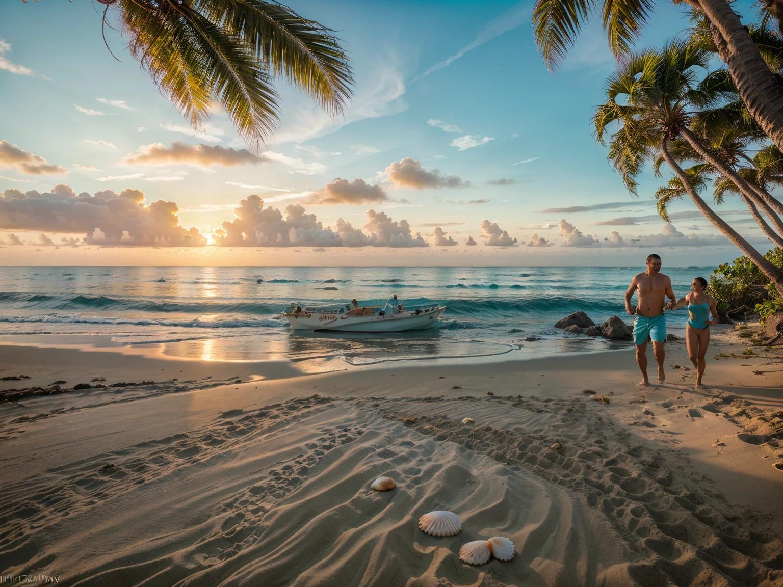 (a sunny beach by the sapphire ocean on the edge of the jungle,tropical climate),palm trees, (a broken old fishing boat washed up on the beach). (Best quality, 4k, 8k, highres, masterpiece:1.2), ultra-detailed, (realistic, photorealistic, photo-realistic:1.37), HDR, UHD, (vivid colors, vibrant colors, vibrant hues), (soft golden sunlight, warm golden sunlight), (gentle waves lapping on the shore, calm waves), (sparkling turquoise water), (lush greenery, dense foliage), (exotic birds chirping in the trees), (delicate seashells scattered on the sand), (people walking barefoot on the beach, running and playing in the water), (children building sandcastles, collecting seashells), (refreshing sea breeze, gentle ocean breeze), (clear blue sky, azure sky), (silhouettes of palm trees against the sky at sunset), (tranquil atmosphere, peaceful ambiance), (serene and relaxing), (a sense of escape and tranquility), (hints of adventure and exoticism).