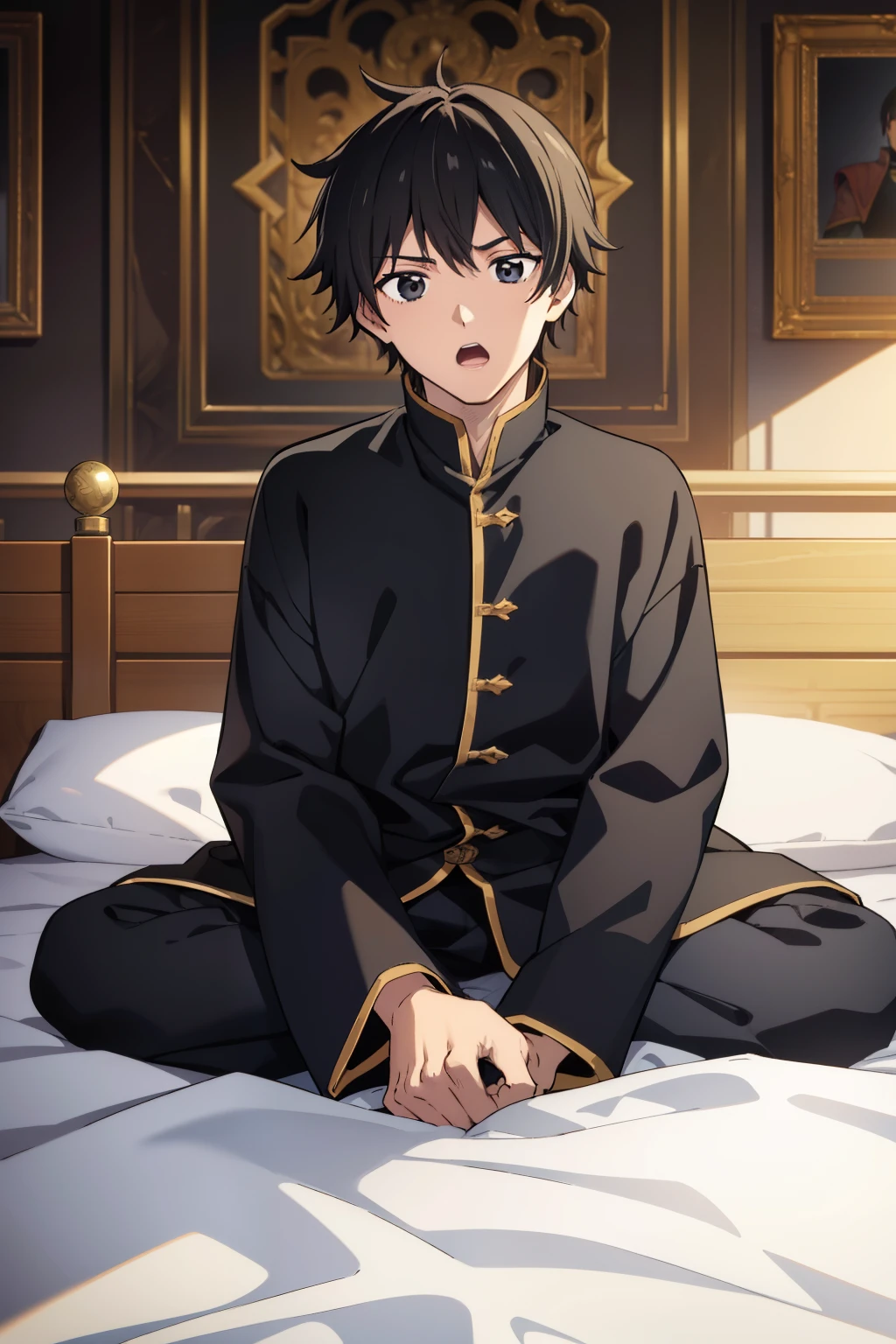 (high quality, ultra detailed), anime character, 16 year old man, medieval noble sleepwear, messy black hair, black eyes, surprised expression, sitting on a medieval noble bed