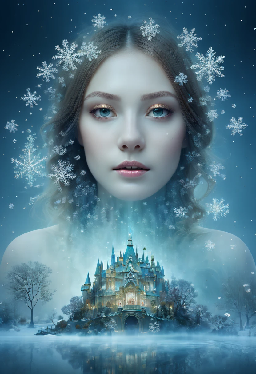The princess&#39;s face appears in the air，(multiple exposure:1.5),winter landscape，Surreal wonderland，Dreamy cloud and fairy island，Big snowflakes，Colorful big snowflakes are flying，A princess&#39;The palace is covered with snow，The tree of life blooms with endless vitality，Twinkling stars in the night sky，Overlapping clouds and fog，Whimsical fantasy landscape art, Beautiful Art Ultra HD 8K, 8K highly detailed digital art, beautiful detailed fantasy, epic dreamlike fantasy landscape, Mysterious and dreamy scenery, Magic fantasy is very detailed, magical scenery, composed...consist of ,  and Snow Fantasy Floating Fairy Island, detailed fantasy digital art, 8K detailed digital art