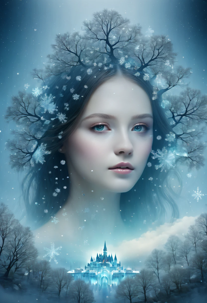 The princess&#39;s face appears in the air，(multiple exposure:1.5),winter landscape，Surreal wonderland，Dreamy cloud and fairy island，Big snowflakes，Colorful big snowflakes are flying，A princess&#39;The palace is covered with snow，The tree of life blooms with endless vitality，Twinkling stars in the night sky，Overlapping clouds and fog，Whimsical fantasy landscape art, Beautiful Art Ultra HD 8K, 8K highly detailed digital art, beautiful detailed fantasy, epic dreamlike fantasy landscape, Mysterious and dreamy scenery, Magic fantasy is very detailed, magical scenery, composed...consist of ,  and Snow Fantasy Floating Fairy Island, detailed fantasy digital art, 8K detailed digital art