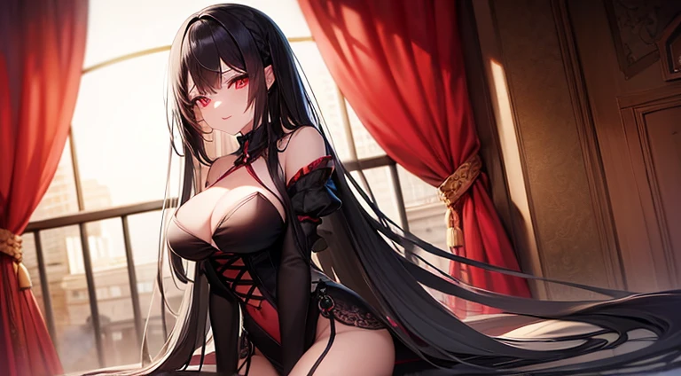 Long hair, black hair, red eyes, revealing outfit, black transparent lingerie, seductive sitting position, big breasts