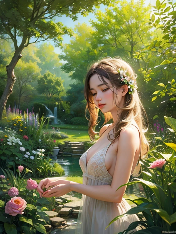 Nude girl in the garden,illustration,detailed flowers,Best quality,A high resolution,Ultra-detailed,Realistic,Intricate details,Soft lighting,Vibrant colors,Bokeh,Peaceful atmosphere,Tranquil Mood,serene environment,The harmony between nature and human existence
