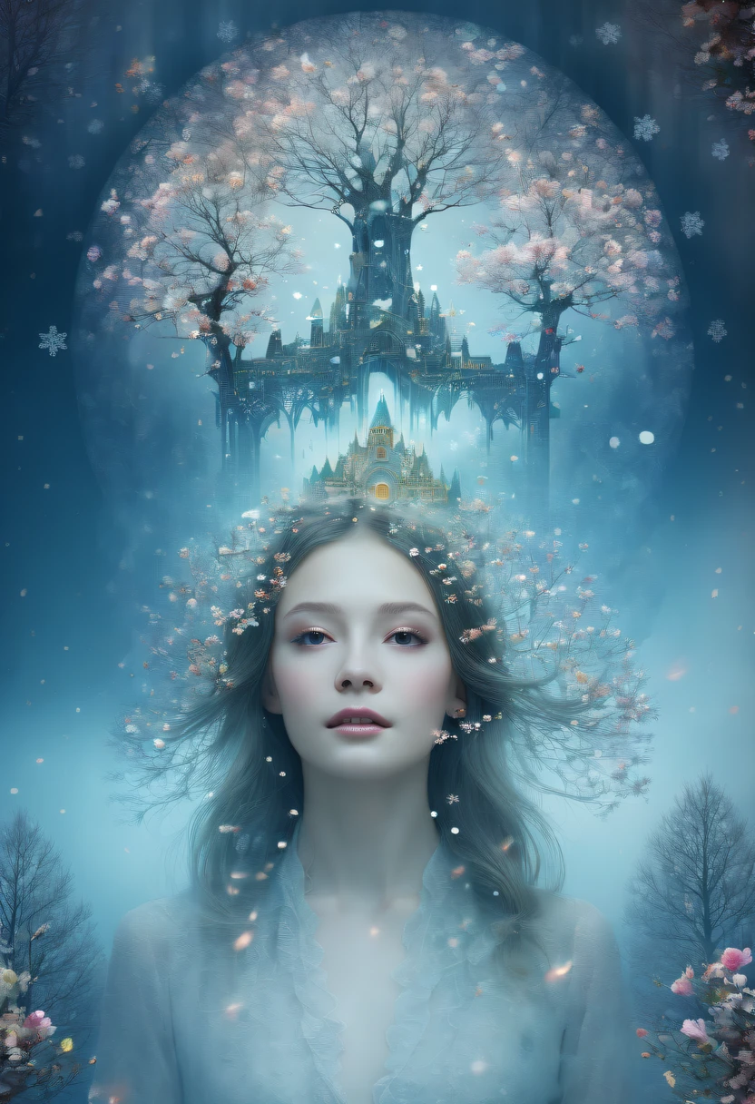 The princess's face appears in the air,(multiple exposure:1.8),winter landscape,Surreal wonderland,Dreamy cloud and fairy island,(Big snowflakes:1.3),Colorful big snowflakes are flying,A princess'The palace is covered with snow,The tree of life blooms with endless vitality,Twinkling stars in the night sky,Overlapping clouds and fog,Whimsical fantasy landscape art, Beautiful Art Ultra HD 8K, 8K highly detailed digital art, beautiful detailed fantasy, epic dreamlike fantasy landscape, Mysterious and dreamy scenery, Magic fantasy is very detailed, magical scenery, Made up of big snowflakes and dreamy floating fairy islands, detailed fantasy digital art, 8K detailed digital art