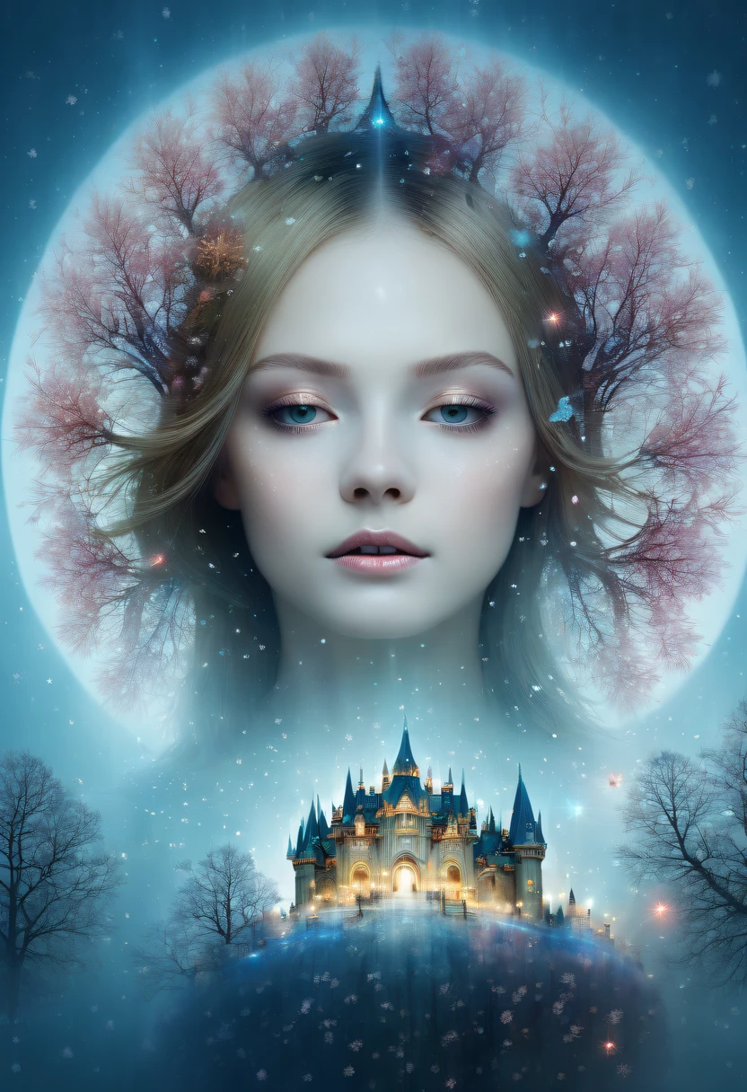 The princess&#39;s face appears in the air，(multiple exposure:1.5),winter landscape，Surreal wonderland，Dreamy cloud and fairy island，Big snowflakes，Colorful big snowflakes are flying，A princess&#39;The palace is covered with snow，The tree of life blooms with endless vitality，Twinkling stars in the night sky，Overlapping clouds and fog，Whimsical fantasy landscape art, Beautiful Art Ultra HD 8K, 8K highly detailed digital art, beautiful detailed fantasy, epic dreamlike fantasy landscape, Mysterious and dreamy scenery, Magic fantasy is very detailed, magical scenery, composed...consist of ,  and Snow Fantasy Floating Fairy Island, detailed fantasy digital art, 8K detailed digital art