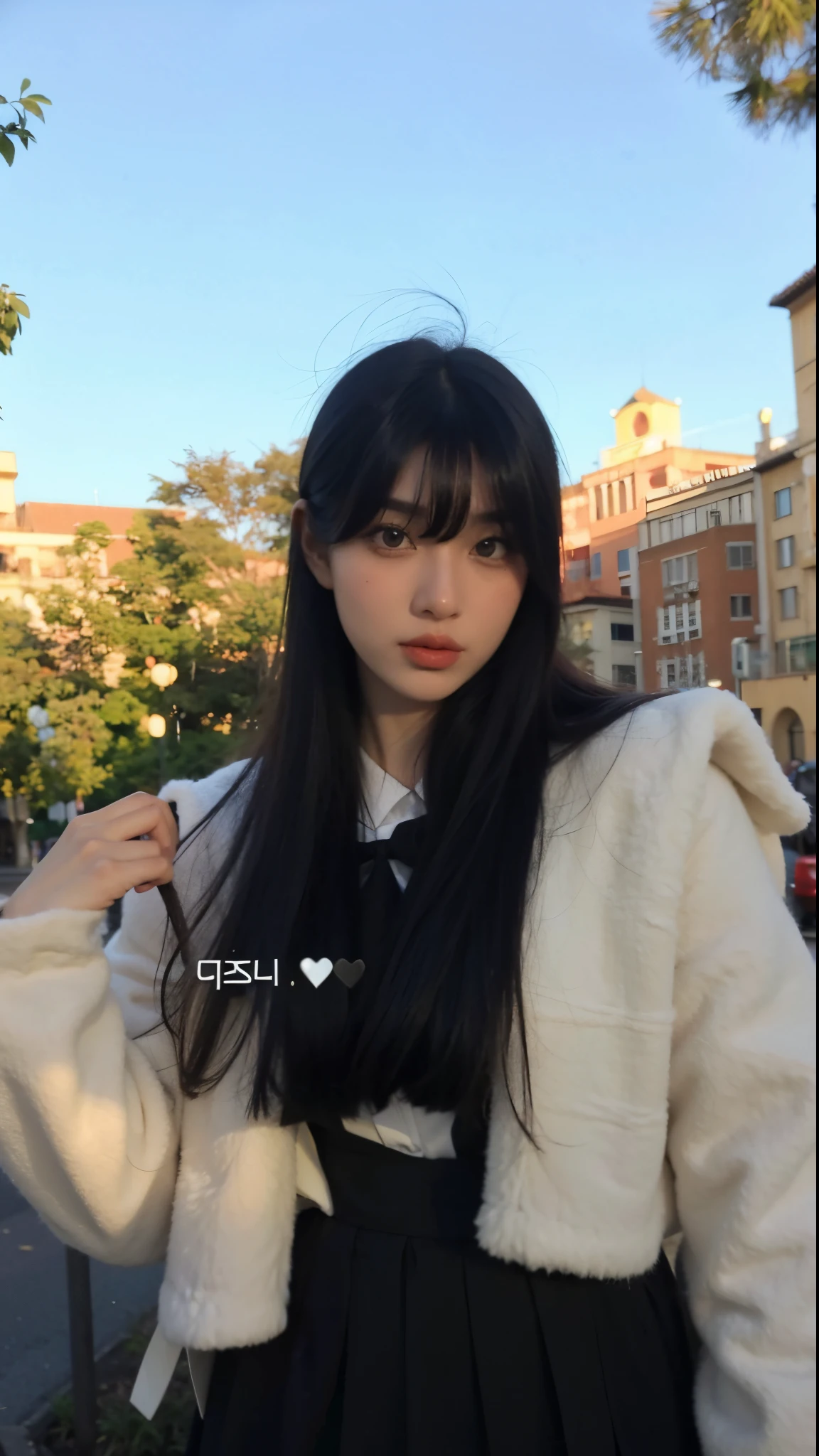 mulher arafa com longos cabelos pretos, vestindo uma jaqueta branca e saia preta, Ulzzang, Ela tem cabelo preto com franja, cabelo comprido com franja completa, cabelo arrumado com franja, cabelos longos com franja, com franja completa, cabelo preto longo com franja, cabelos escuros longos com franja, com franja, menina coreana