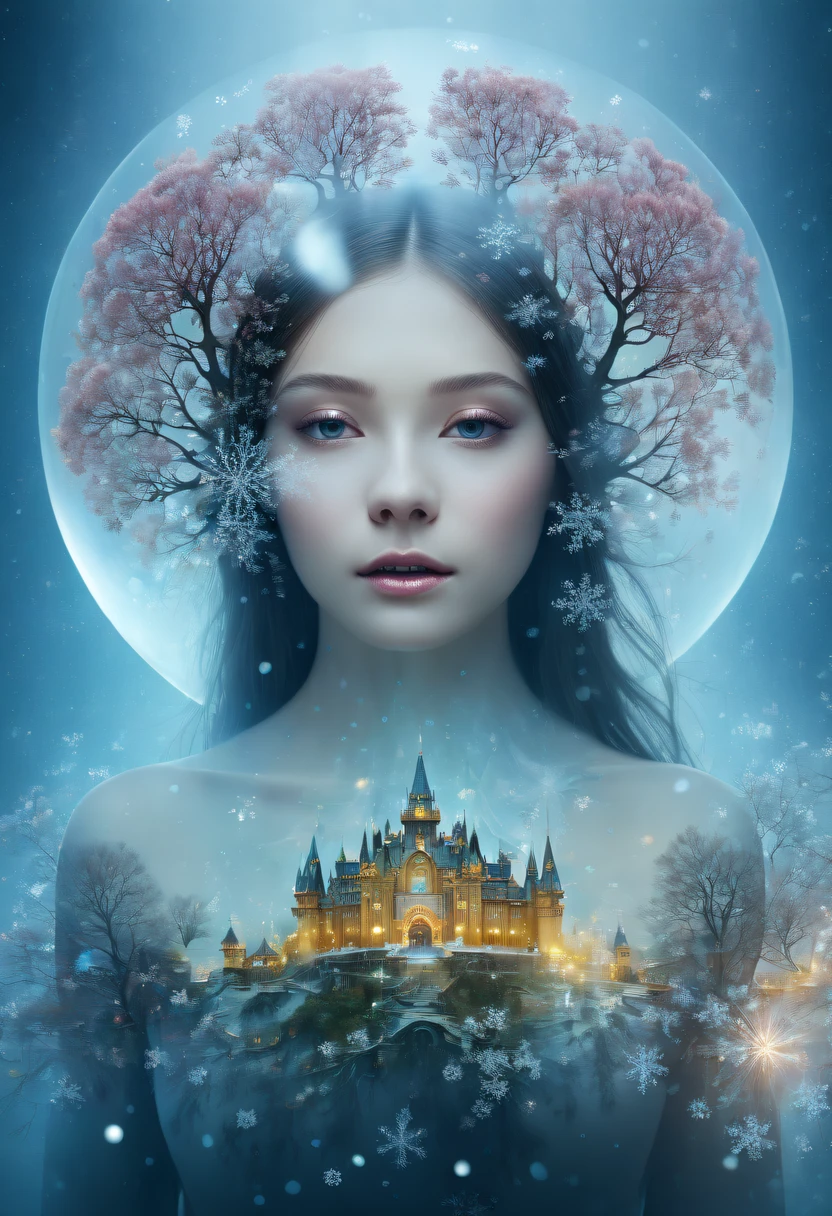 The princess&#39;s face appears in the air，(multiple exposure:1.8),winter landscape，Surreal wonderland，Dreamy cloud and fairy island，(Big snowflakes:1.3)，Colorful big snowflakes are flying，A princess&#39;The palace is covered with snow，The tree of life blooms with endless vitality，Twinkling stars in the night sky，Overlapping clouds and fog，Whimsical fantasy landscape art, Beautiful Art Ultra HD 8K, 8K highly detailed digital art, beautiful detailed fantasy, epic dreamlike fantasy landscape, Mysterious and dreamy scenery, Magic fantasy is very detailed, magical scenery, Made up of big snowflakes and dreamy floating fairy islands, detailed fantasy digital art, 8K detailed digital art