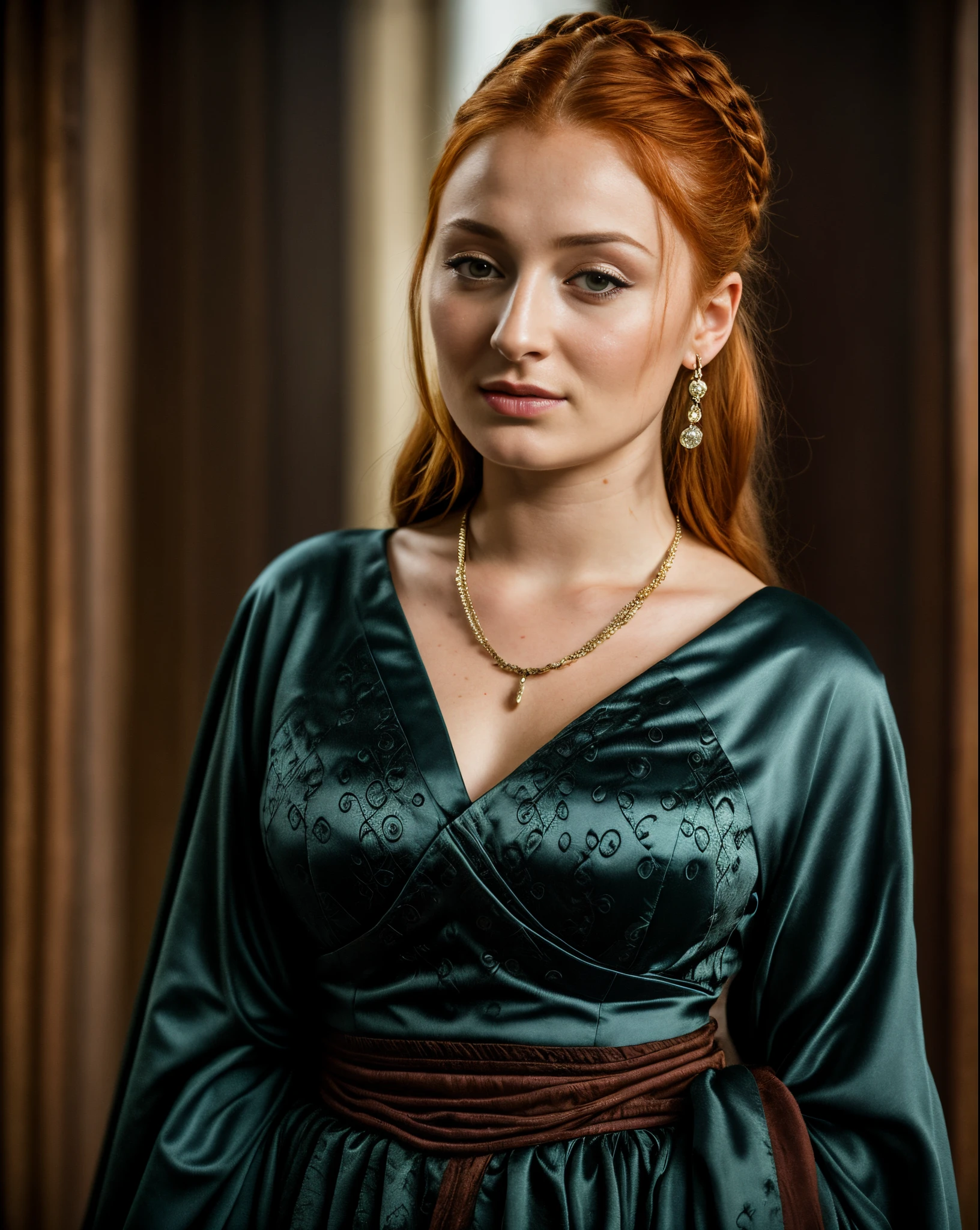 Foto RAW, Sansa Stark PLAYED BY SOPHIE TURNER Ned and Cat's oldest daughter, Demure and ladylike, her dream to marry Prince Joffrey, Her direwolf named Lady , mediaeval erotic costumes, perky breast, Game of Thrones Series, (pele altamente detalhada: 1.2), 8k UHD, DSLR, soft-lighting, alta qualidade, grain of film, Fujifilm XT3