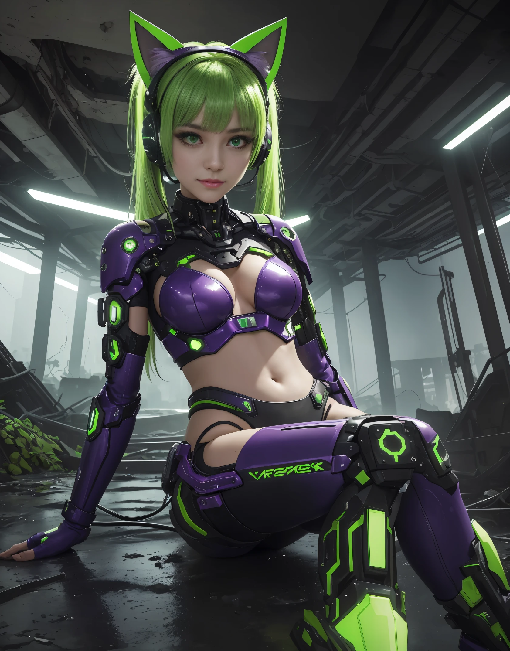 "Masterpiece in dystopian 4K resolution UHD high detail, with mecha_musume purple_glitter style, vibrant details in green and yellow, inspired by cyberpunk chaos. Vibrant green and yellow details capture the eye, while her towering cybernetic boots make a bold statement. Her pious eyes connect with the viewer, conveying a mix of courage and mystery. A graceful smile illuminates her face, framed by a headset with cat ears. Her short "light green" hair, with bangs and two pigtails, creates a fascinating contrast with the deteriorated setting of the underground oasis. Clear water, mud, pipes and crumbling concrete structures make up the environment , providing an intriguing and horrifying vision of cyber horror.|{The camera positioned very close to her, revealing her entire body as she adopts a _pose, interacting with and leaning on a structure in the scene in an exciting way.} | ((perfect_pose):1), She adopting a ((_pose as interactions, boldly leaning on a structure, leaning back in a dynamic way):1.3), ((full body)), ((hands_with_5_fingers):1), ((perfect_hands):1), ((perfect_fingers):1), ((perfect_legs):1), better_hands, More Detail".