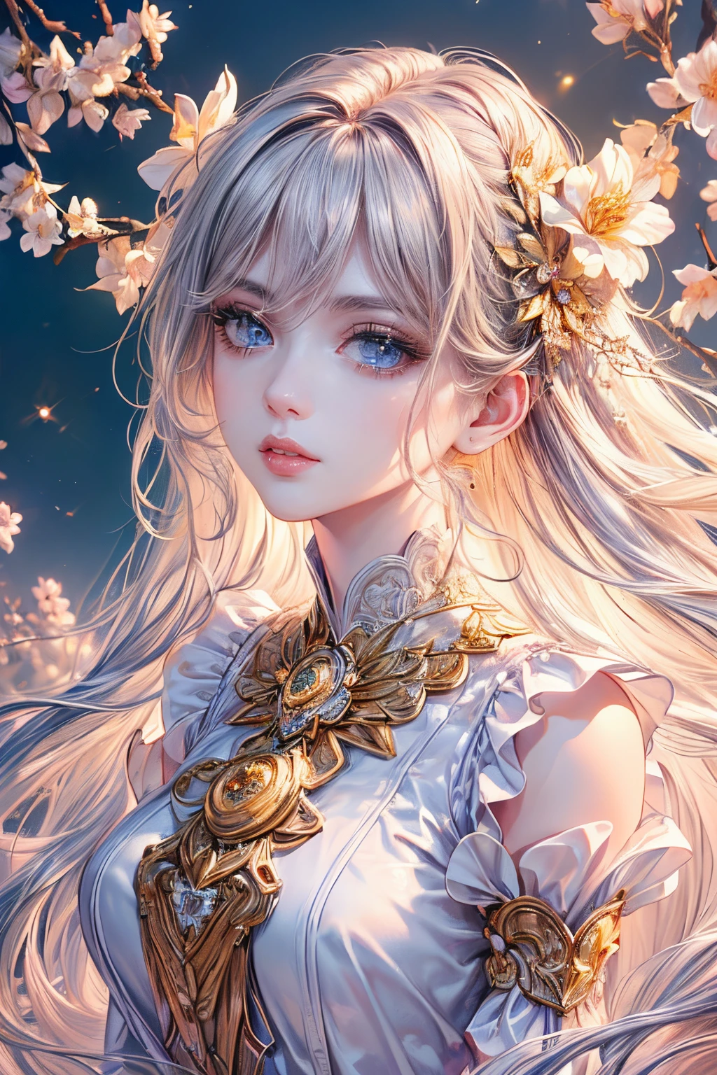 (best quality,8K,CG,beautiful,detailed upper body,lonely,thumb girl,taffeta court dress,flower background,detailed facial features,long flowing hair,almond-shaped eyes,intricate eye makeup,fluttering long eyelashes,blinking big eyes and starry gaze,exquisite lip details,soft and harmonious style)