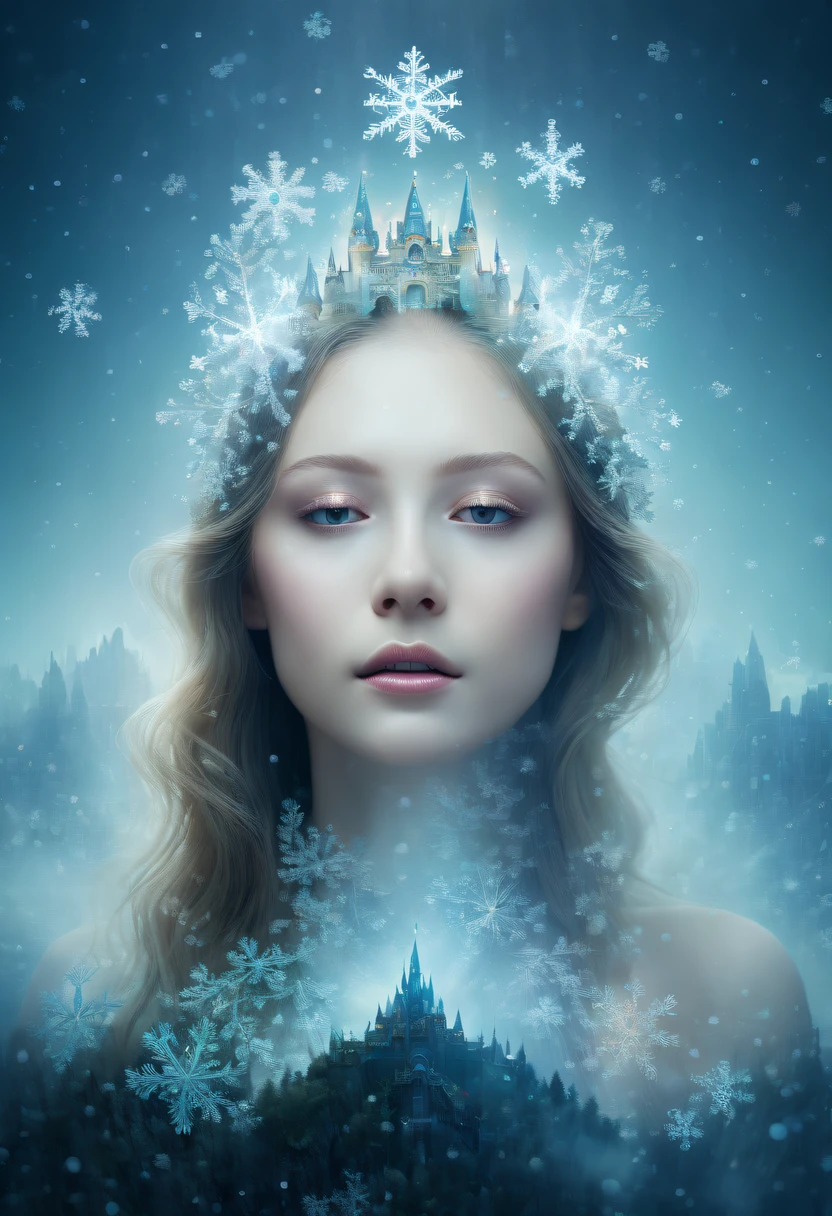 The princess's face appears in the air,(multiple exposure:1.8),winter landscape,Surreal wonderland,Dreamy cloud and fairy island,(Big snowflakes:1.3),Colorful big snowflakes are flying,A princess'The palace is covered with snow,The tree of life blooms with endless vitality,Twinkling stars in the night sky,Overlapping clouds and fog,Whimsical fantasy landscape art, Beautiful Art Ultra HD 8K, 8K highly detailed digital art, beautiful detailed fantasy, epic dreamlike fantasy landscape, Mysterious and dreamy scenery, Magic fantasy is very detailed, magical scenery, Made up of big snowflakes and dreamy floating fairy islands, detailed fantasy digital art, 8K detailed digital art