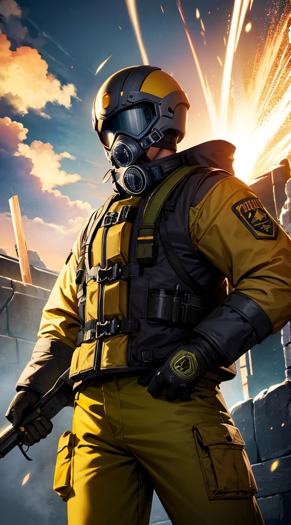 Man in yellow gas mask and jacket and gloves making combat gesture and in the background yellow colored particles and thunder