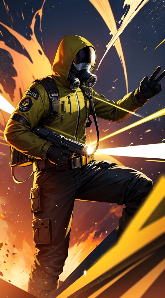 Man in yellow gas mask and jacket and gloves making combat gesture and in the background yellow colored particles and thunder